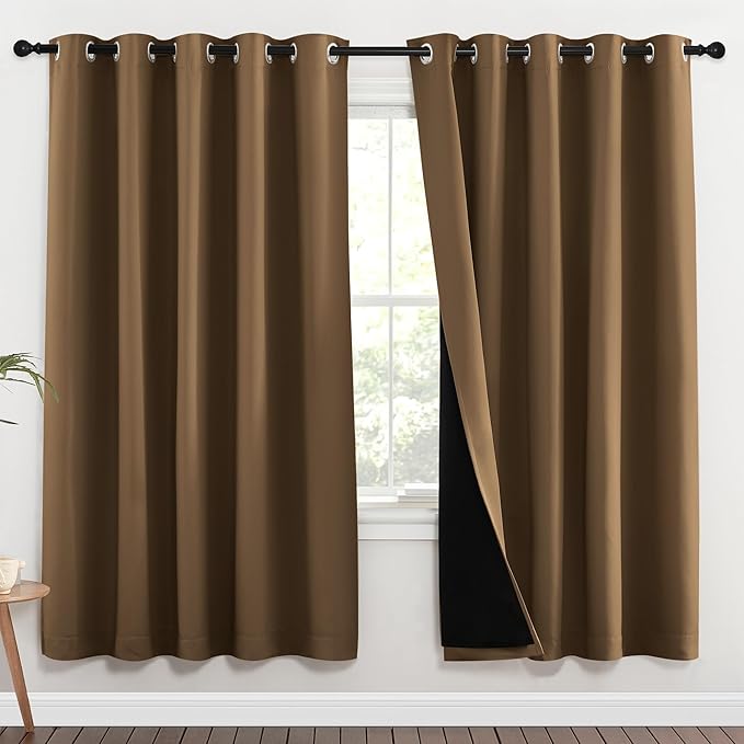 NICETOWN 100% Blackout Window Curtain Panels, Gold Brown, 2 Pieces, 70-inch Wide Per Panel, Full Light Blocking Drapes with Black Liner for Nursery, 72-inch Drop Thermal Insulated Draperies