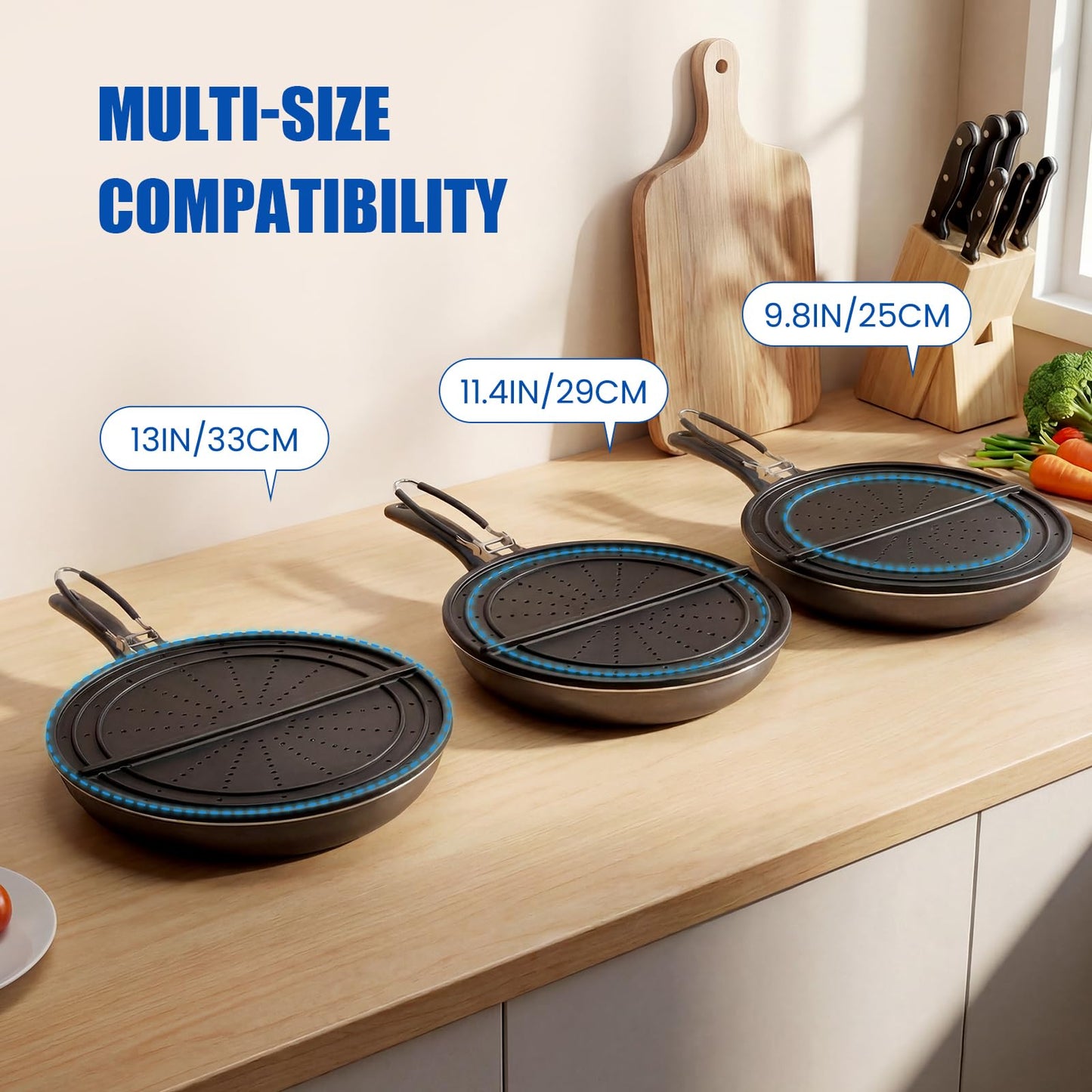 Snowyee Foldable Splatter Screen for Frying Pan, Silicone Grease Splatter Guard Include 3 Different Size 13/11.42/9.84 inch or 33/29 / 25 cm for Kitchen Cooking Pan Cover (1 Piece/Black)