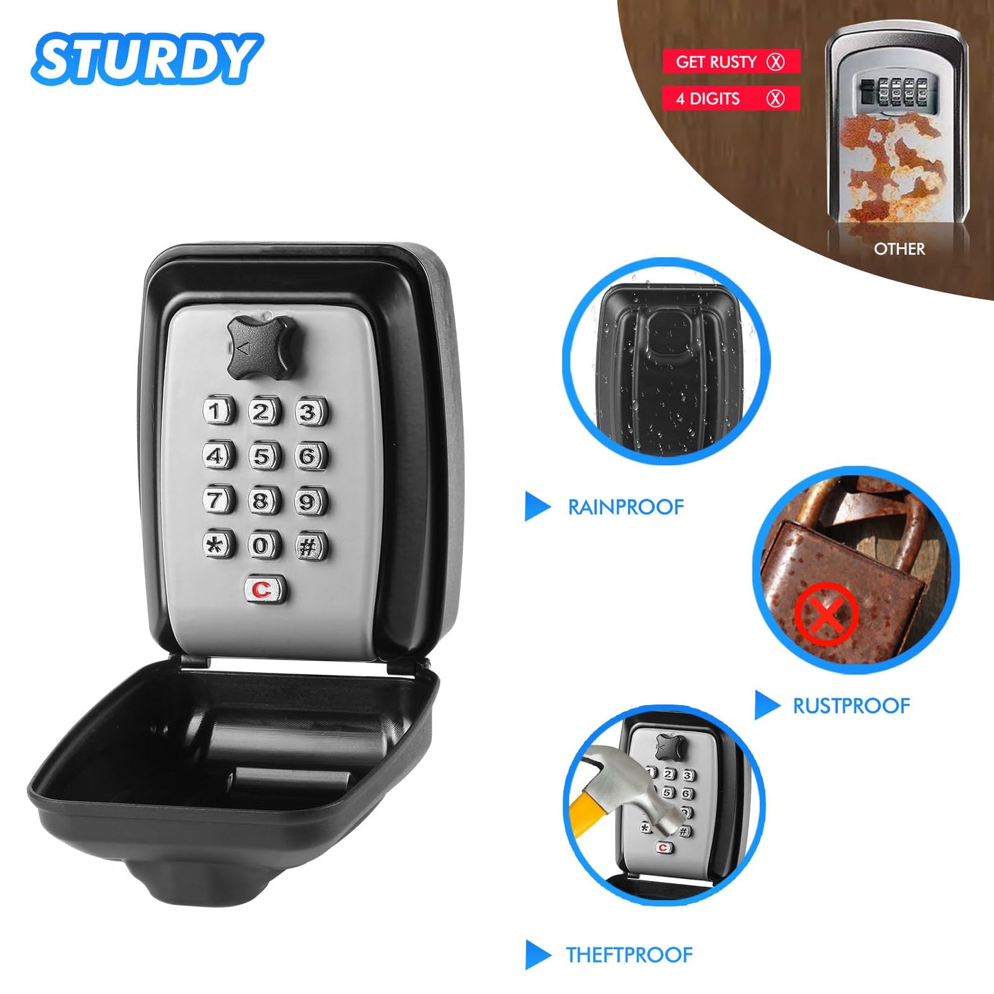 POMYDODU Key Lock Box, Wall Mounted Key Storage Box with 12-Digit Keyboard Combination, Resettable Code, Large Capacity, Waterproof Security Lock Box for Home, Office, Outdoor