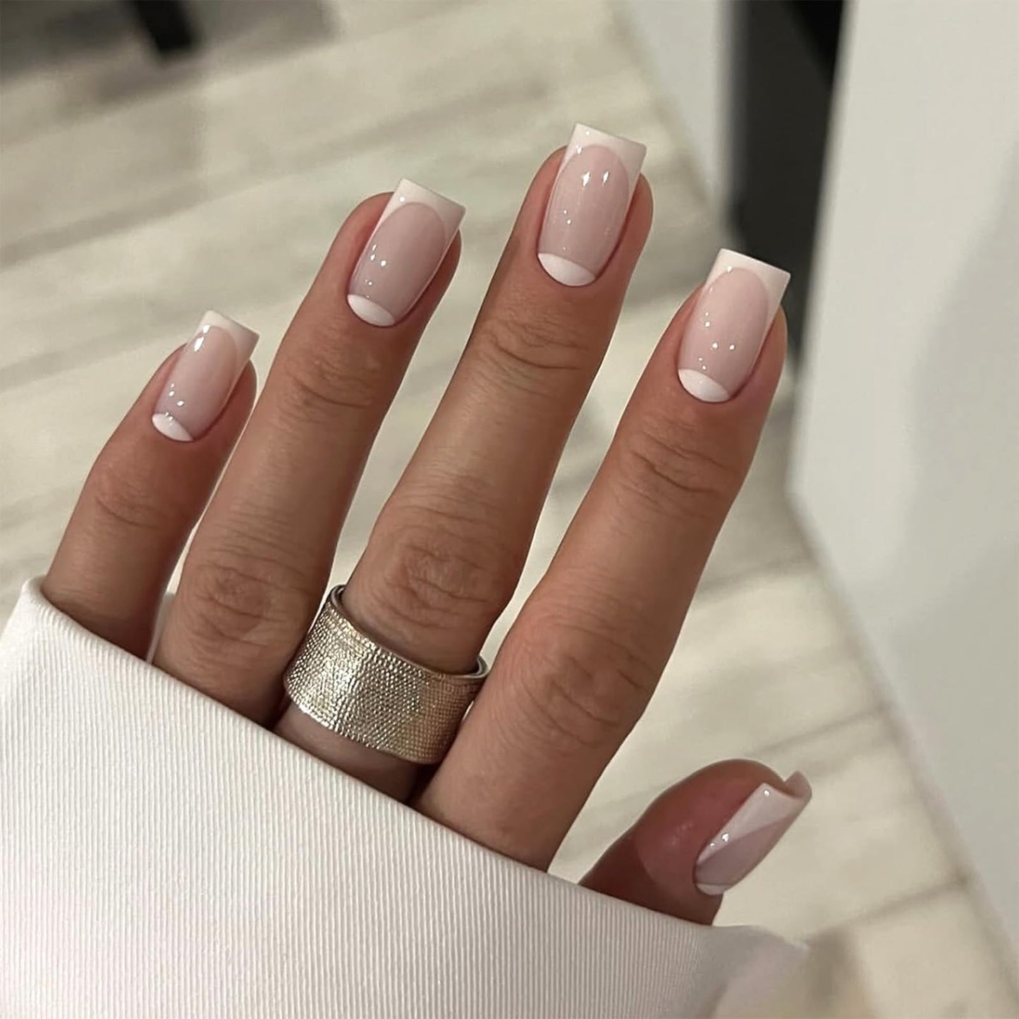 White French Tip Press On Nails, Medium Square Fake Nails with Half Moon Design, Nude Pink Glossy False Nails Reusable Acrylic Stick On Nails for Women, 24 Manicure Kit with Adhesive Tabs