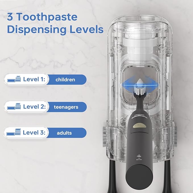 Automatic Toothpaste Dispenser Wall Mounted - Hands-Free Toothpaste Squeezer with 3 Speed Settings, 2 Toothbrush Holders & Strong Adhesive - Smart Bathroom Organizer for Kids and Adults