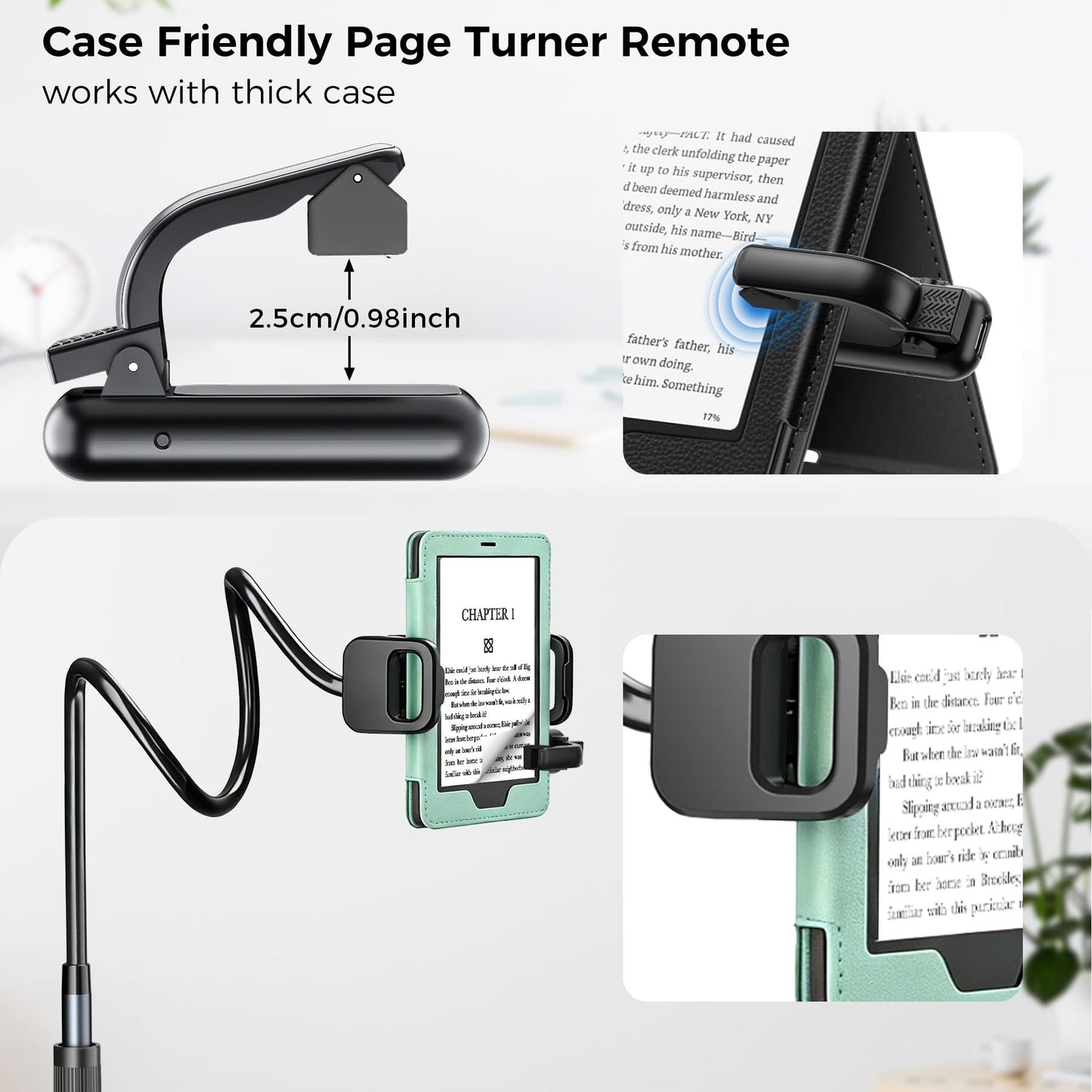 [Case-Friendly] Long Tablet Stand for Kindle with Page Turner Ring Remote, Gooseneck Holder for Reading in Bed with Clicker, eReader Accessories Gift for Readers Compatible with iPad iPhone Fire HD