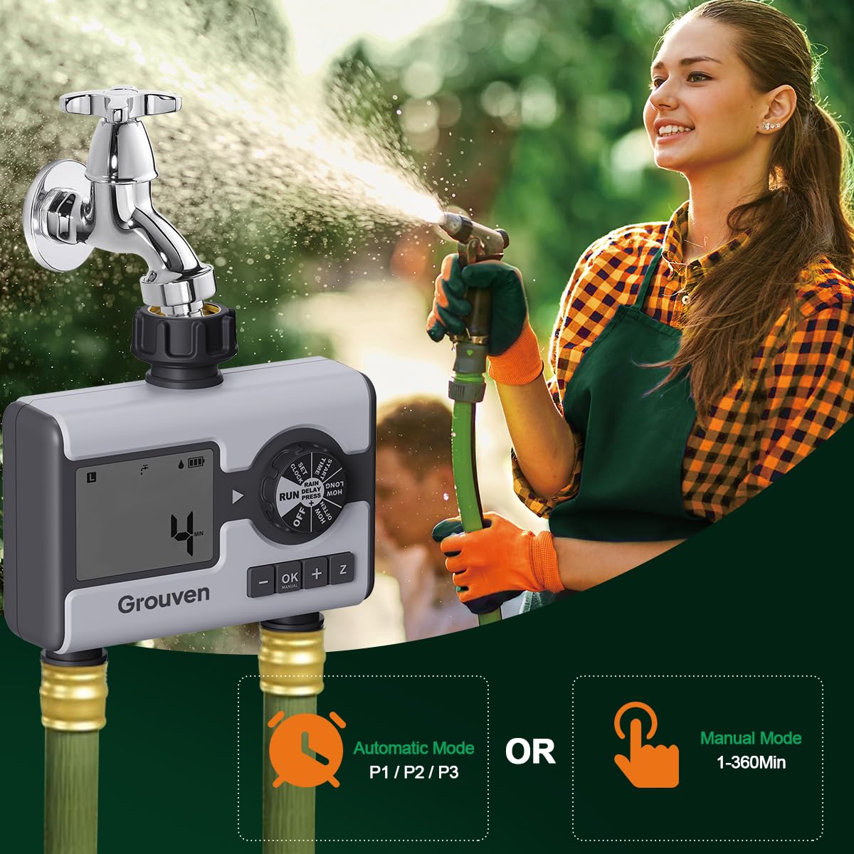 Water Timer for Garden Sprinkler Hose Timer with Rain Delay, Manual, Automatic Watering System Programmable，2 Outlet