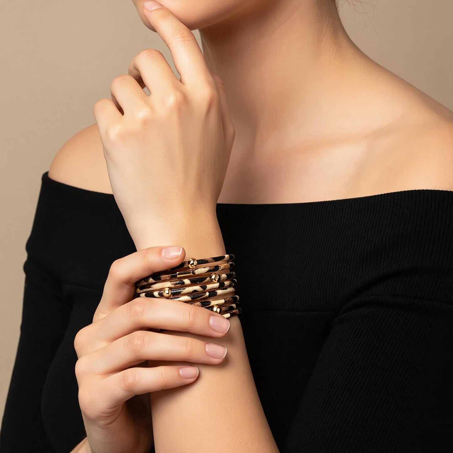 Fesciory Leopard Bracelet for Women, Boho Leather Wrap Multi-Layer Pearl Crystal Bracelet Bangle Jewelry(Brown Leopard)