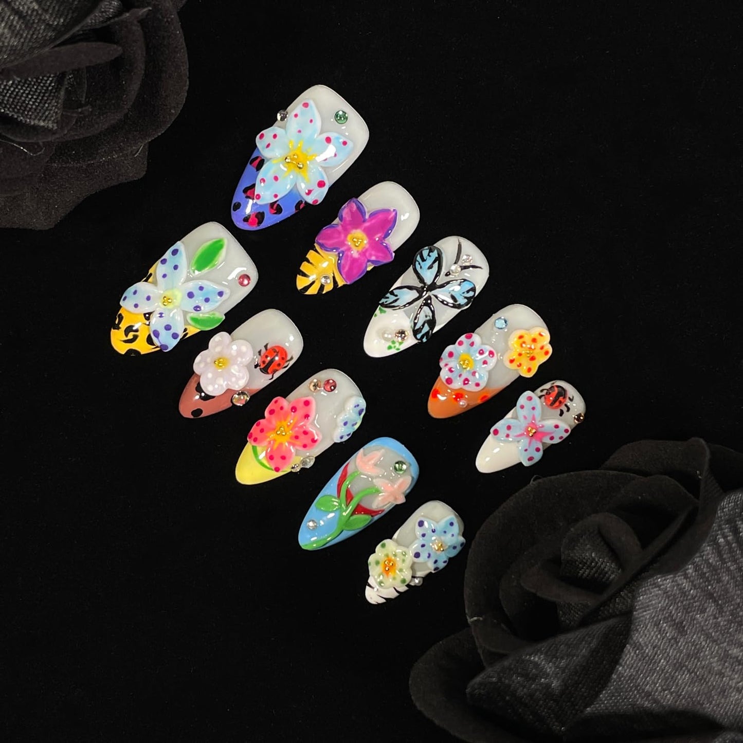 Handmade Press On Nails 3D Floral & Butterfly with Red Ladybug Fake Nails Medium Almond Acrylic Nail Tips Luxury Enchanted Garden Stick on False Nails Dreamy Nails (Garden, S)