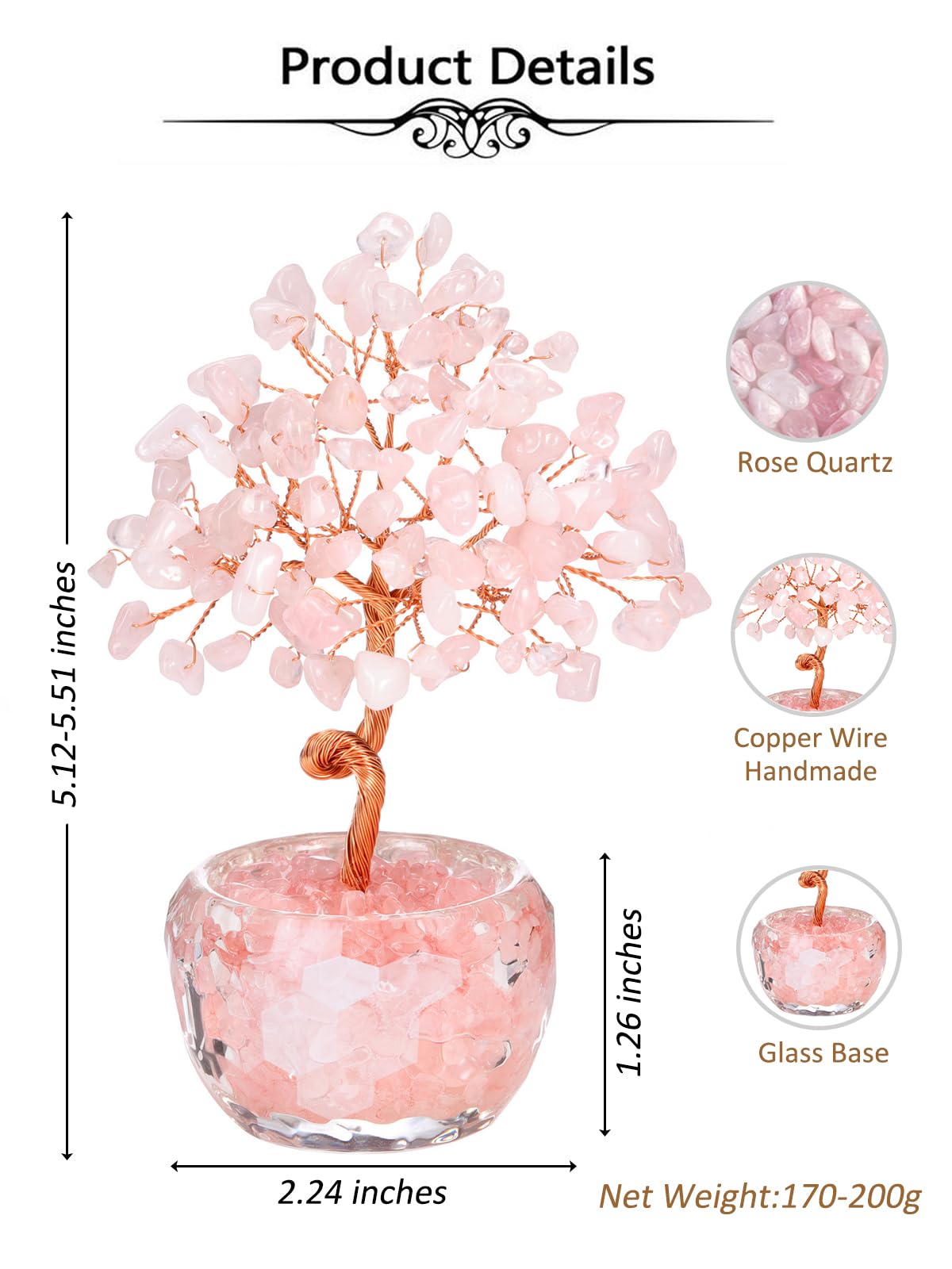 Top Plaza Healing Crystals Rose Quartz Crystal Tree with Glass Base Handmade Natural Gemstone Life Tree Mini Bonsai Money Trees Good Luck Home Office Desk Decor