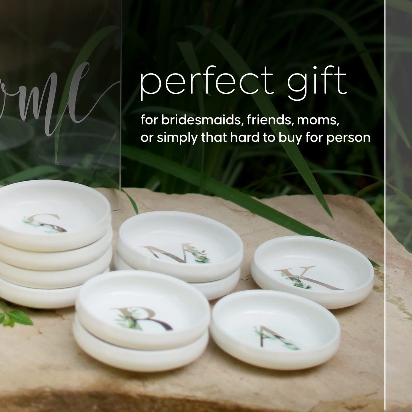 Trinket Tray Ring Dish with Personalized B in Gold Foil and Greenery - White Ring Dish - Monogrammed Trinket Dish or Jewelry Bowl - Cedar & Ink (B)