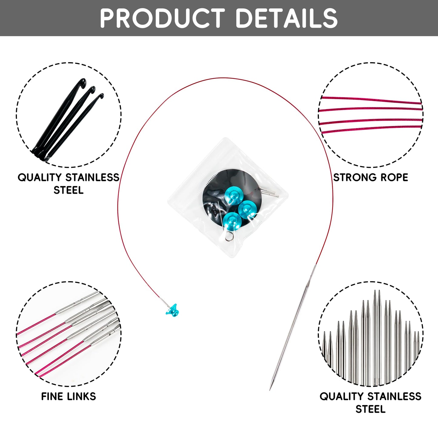Froggod 5-Inch Aluminum Lace Interchangeable Circular Knitting Needle Set, Sizes US 0, 1, 2, 3, 4, 5, 6, 7, 8 Interchangeable Knitting Needles Lace-Tip with 4 Assorted Cables with Project Bag