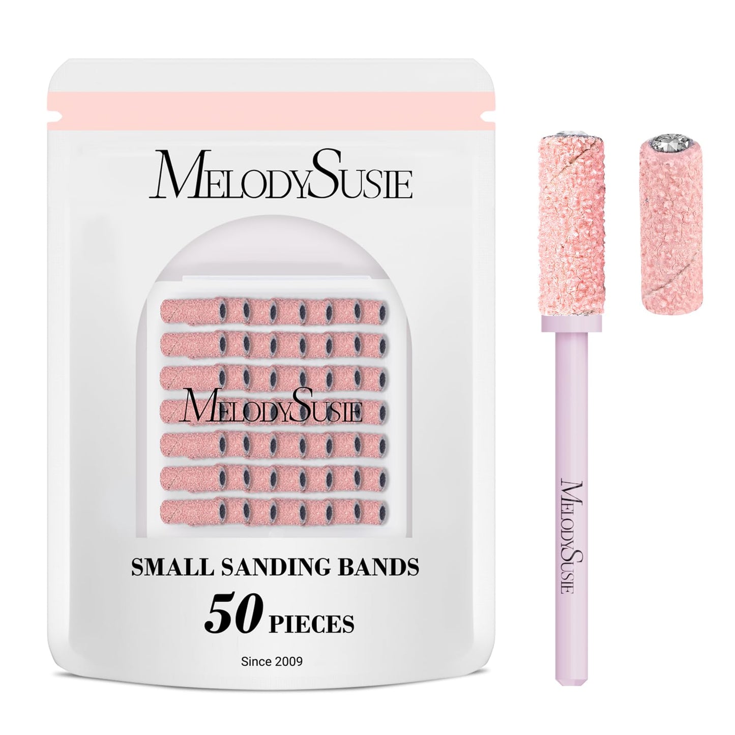 MelodySusie 50 Pcs Nail Drill Bits Small Sanding Bands with 3.1mm Mandrel Bit, 80 Coarse Grit Nail File for Acrylic Nails Gel Manicures and Pedicure, Pink