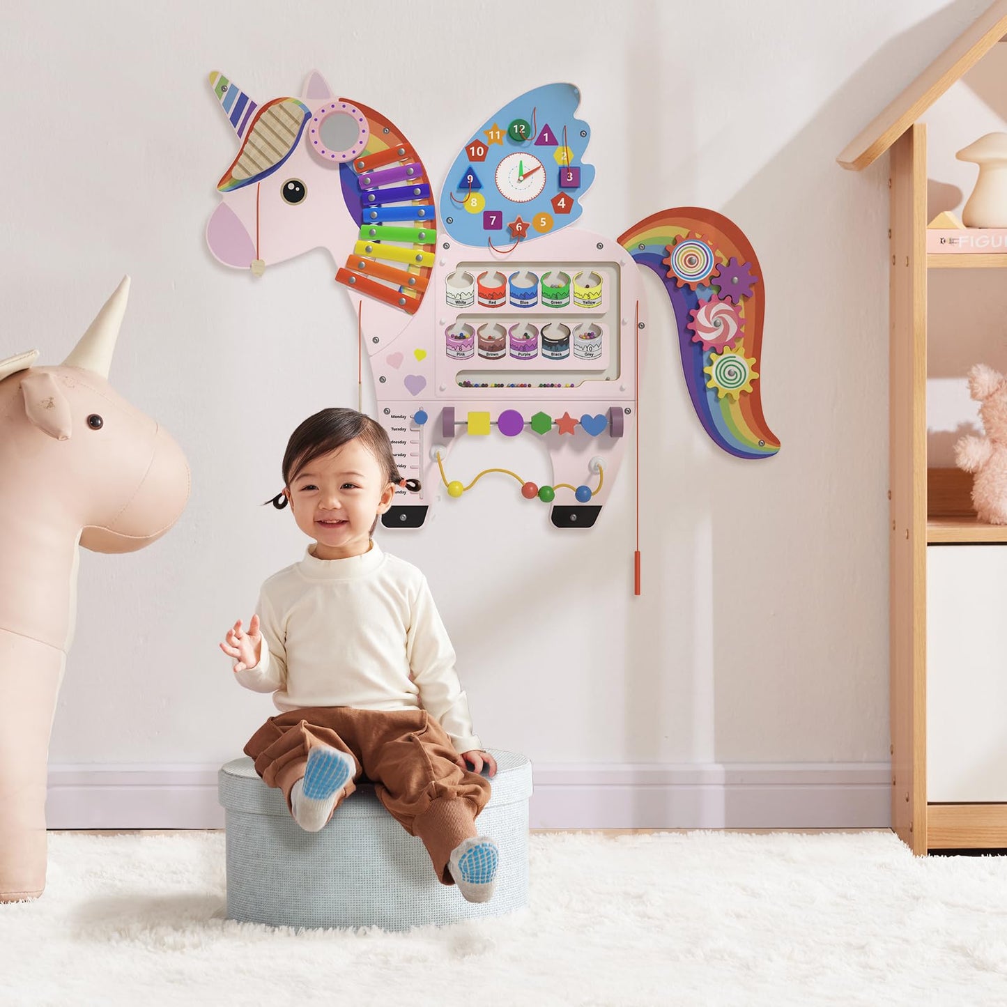 Spacocld Unicorn Activity Wall Busy Board Panels - Sensory Wall Panel for Kids, Montessori Toddler Wall Activity Board, Wall Toys for Toddlers 3, Activity Cube, Perfect for Toddler Playroom, Pink