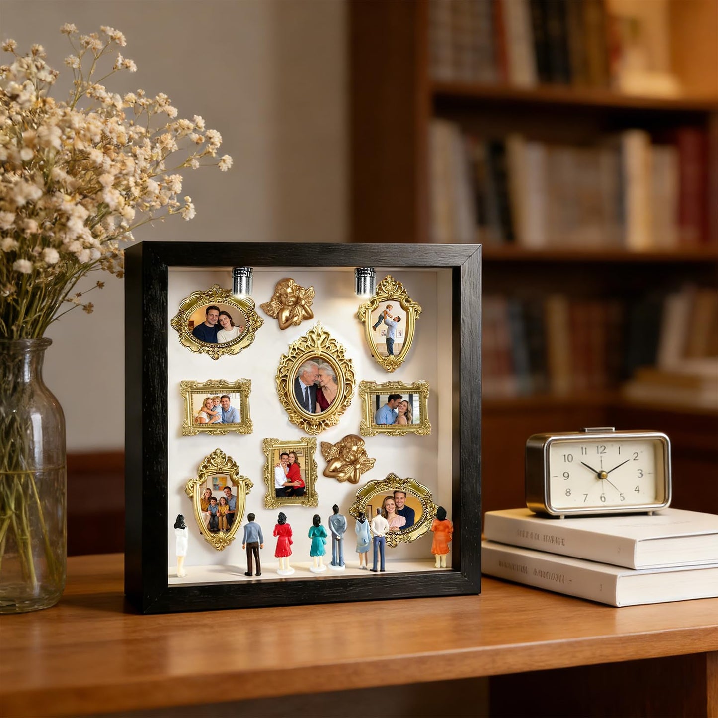 DIY Mini Museum Silhouette Box, Shadow Box Frame Kit with Gold Miniature Frames、Angel & Figurines, Custom Photo Family Memory Display Case Frame Set, for Anniversary, Wedding, Birthday & Home Decor