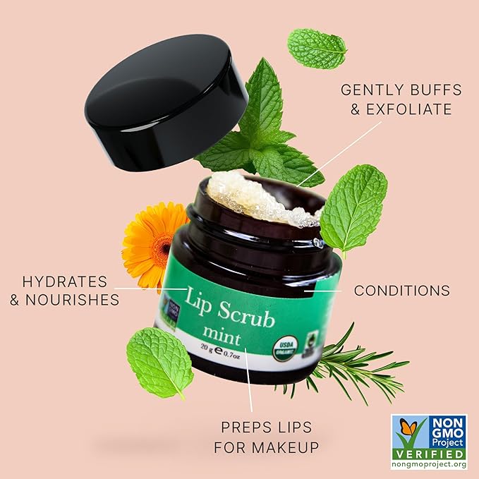 USDA Organic Lip Scrub - USA Made Natural Moisturizing Exfoliator for Dry Lips, Sugar Scrub for Smooth Lips