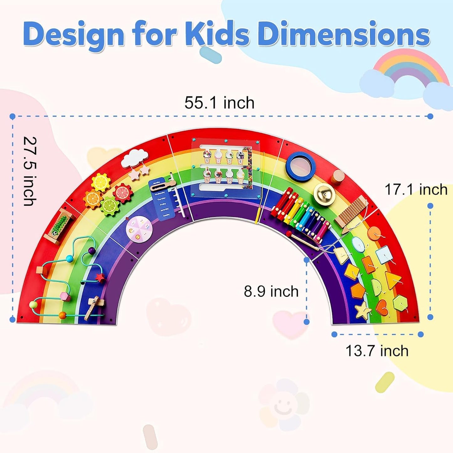 Sinpedex Rainbow Wall Busy Board for Kids: Wooden Montessori Activity Panel | 13-in-1 Sensory Learning Toys for Fine Motor Skills - Playroom & Nursery Essentials for Toddlers