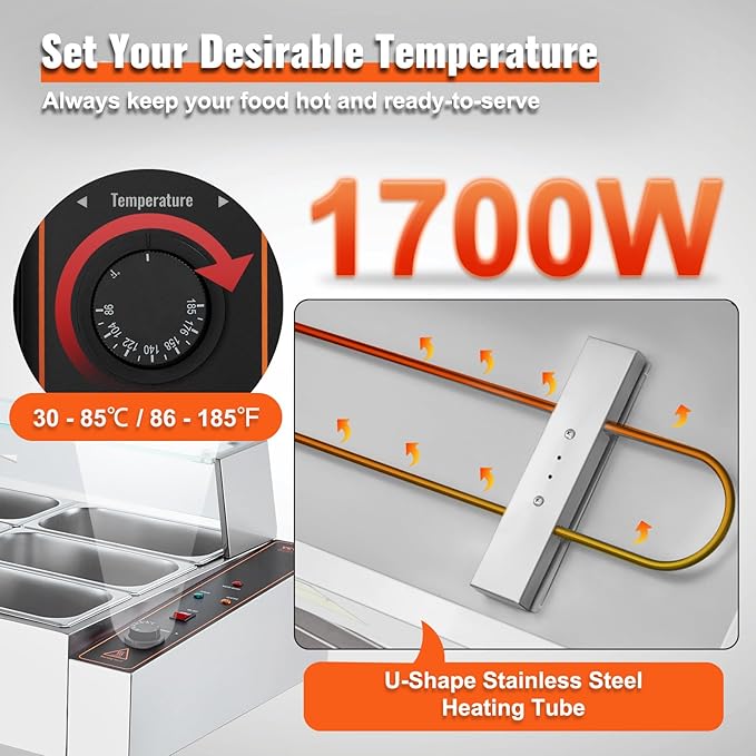 VEVOR 12-Pan Commercial Food Warmer, 12 x 8QT Electric Steam Table with Glass Cover, 1700W Countertop Stainless Steel Buffet Bain Marie 86-185°F Temp Control for Catering, Restaurants, Silver
