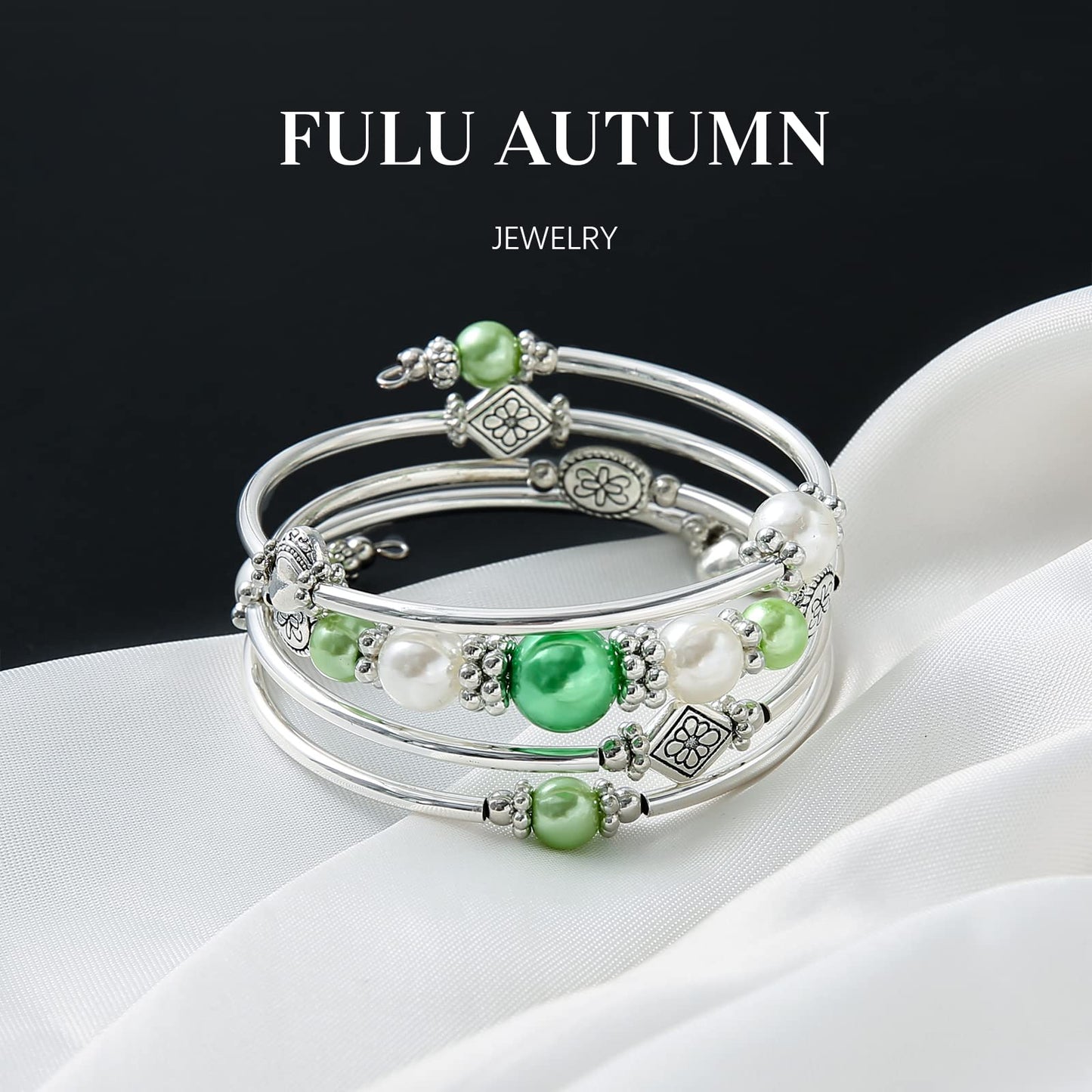FULU AUTUMN Beaded Pearl Bangle Bracelets for Women Silver Wrap Bangles Bracelet Womens Costume Jewelry Fashion Gift(18-Green)