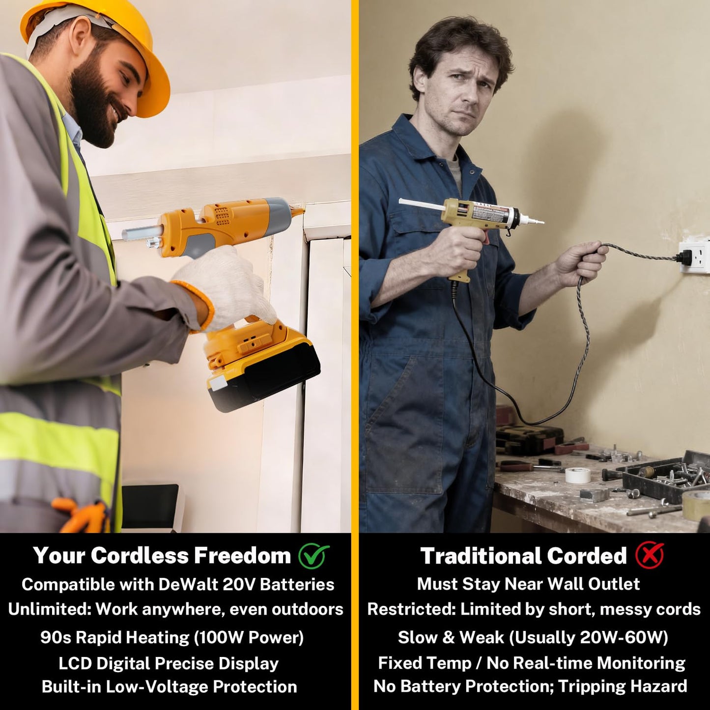 DTEZTECH Cordless Hot Glue Gun Compatible with DeWalt 20V Max Battery, Fast Preheating Electric Glue Gun Kit with 10 Glue Sticks for Arts, DIY (Tool Only, No Battery)