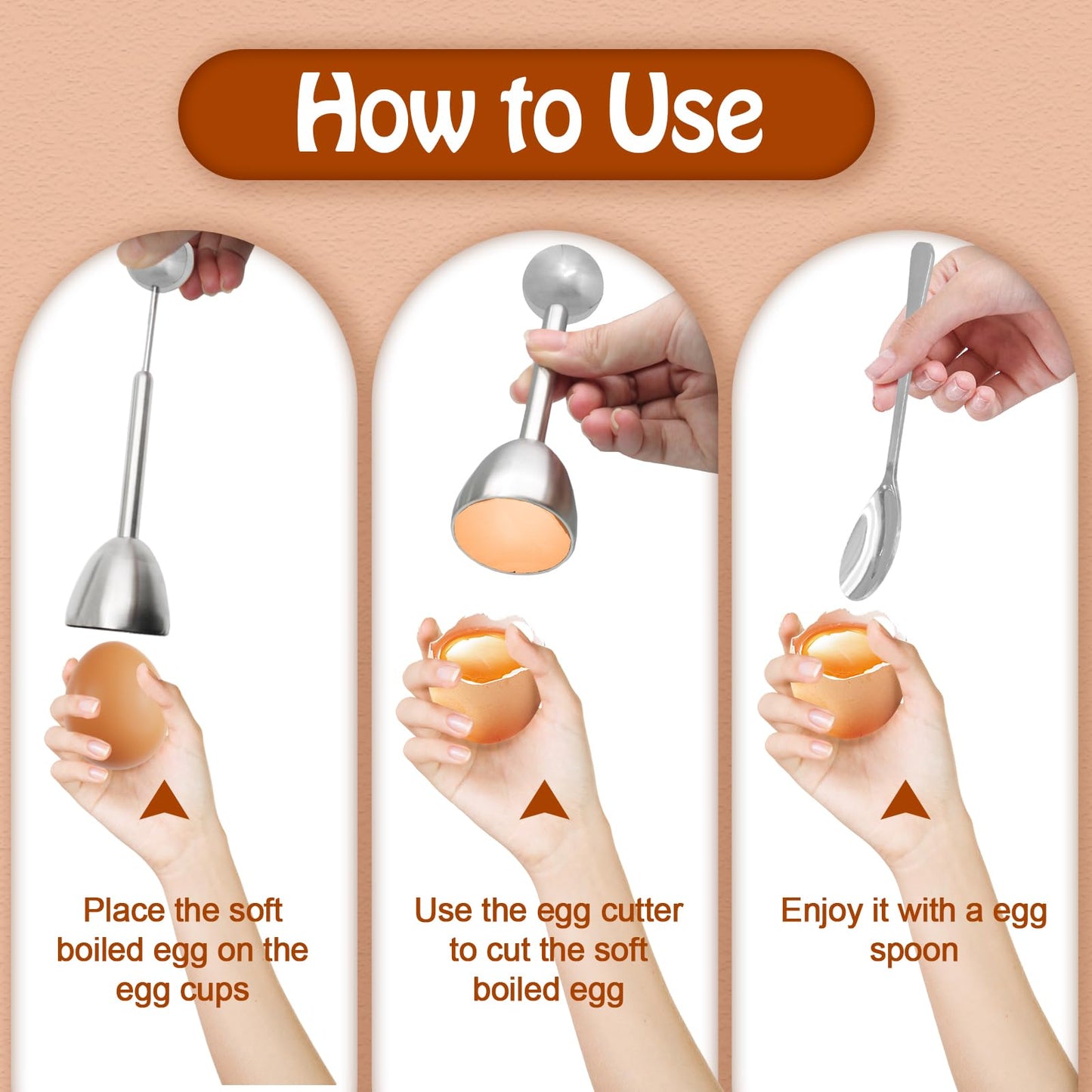 vibedor Egg Cups & Cracker Set of 5, 1 Stainless Steel Egg Topper Cutter - 2 Egg Holders for Soft Boiled Eggs - 2 Egg Spoons for Boiled Eggs