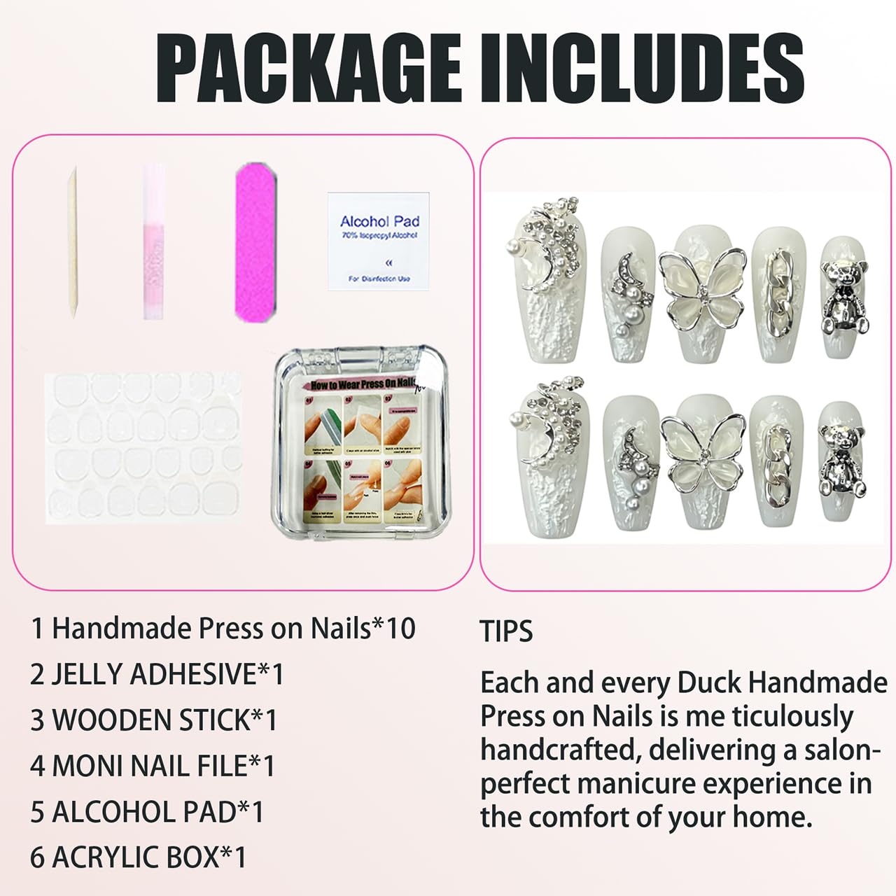 Handmade Press on Nails square Baroque Style Plaster Glue Pure White Decorative Adhesive with Moon Butterfly Pearl and Bear Acrylic Nails Press on Handmade Nails Handmade Nails(S)