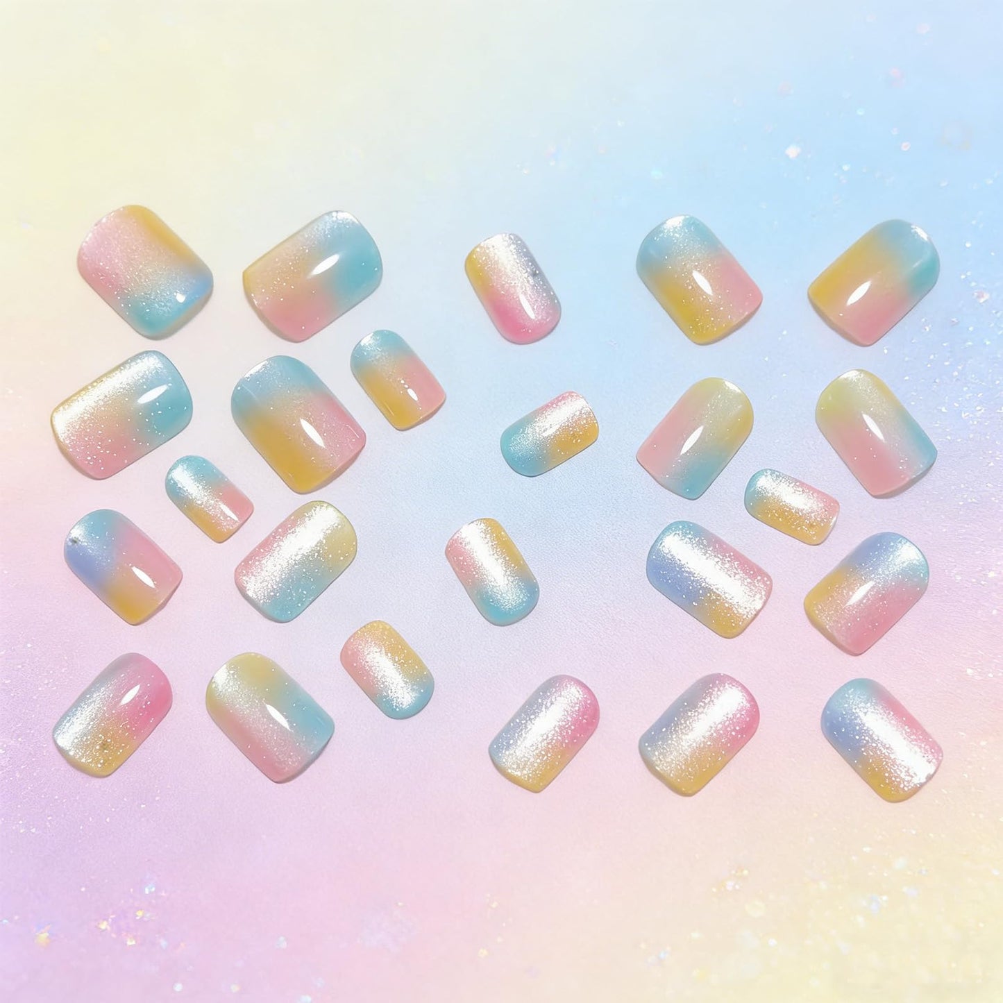 Gradient Colorful Press on Nails Short Square Fake Nails Sparkly Glitter False Nails with Candy Color Designs Glossy Stick on Nail Reusable Artificial Summer Nails for Women Manicure 24Pcs