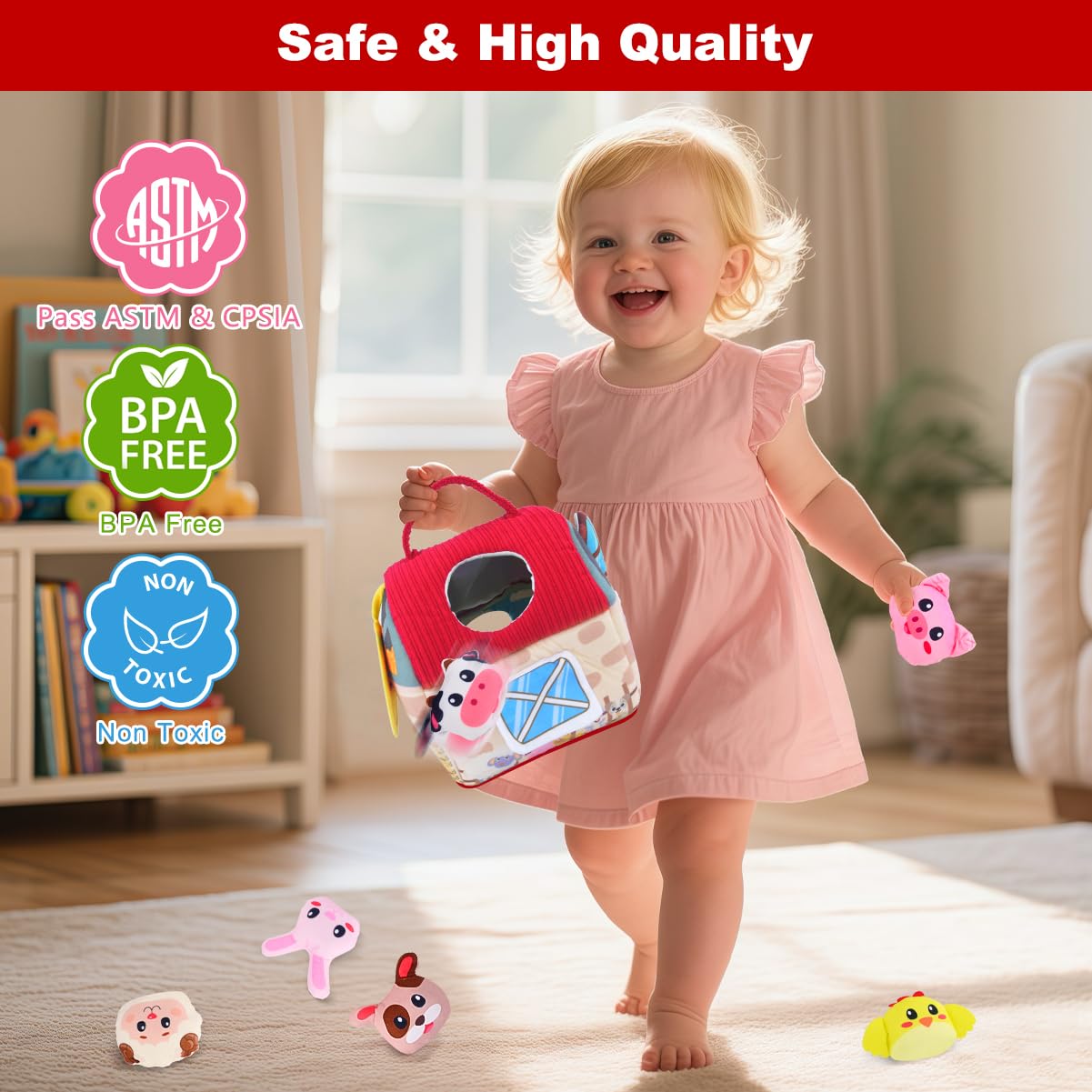 OKREVIEW Easter Baby Toys 6–12 Months, Montessori Sensory Farm Barn with Plush Animals, Rattles, Crinkle Paper & Mirror – First Birthday Gift, Easter Basket Stuffer for Babies