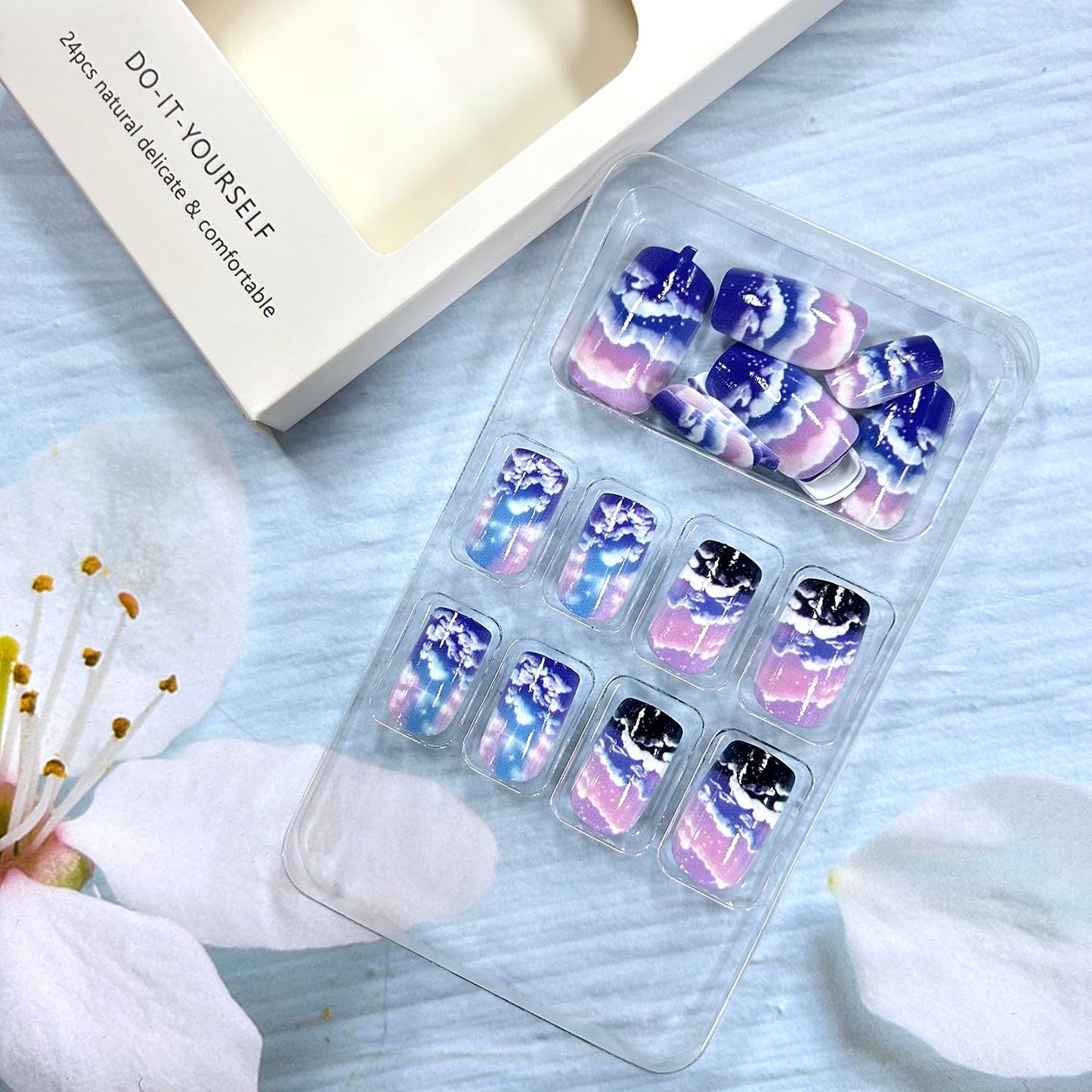 CJDLTS Press On Nails - Medium Aurora Sky Clouds Design, Glossy Full Cover Acrylic Coffin Nails, Reusable Glue On DIY Stick On Nails for Women, 24 Pcs
