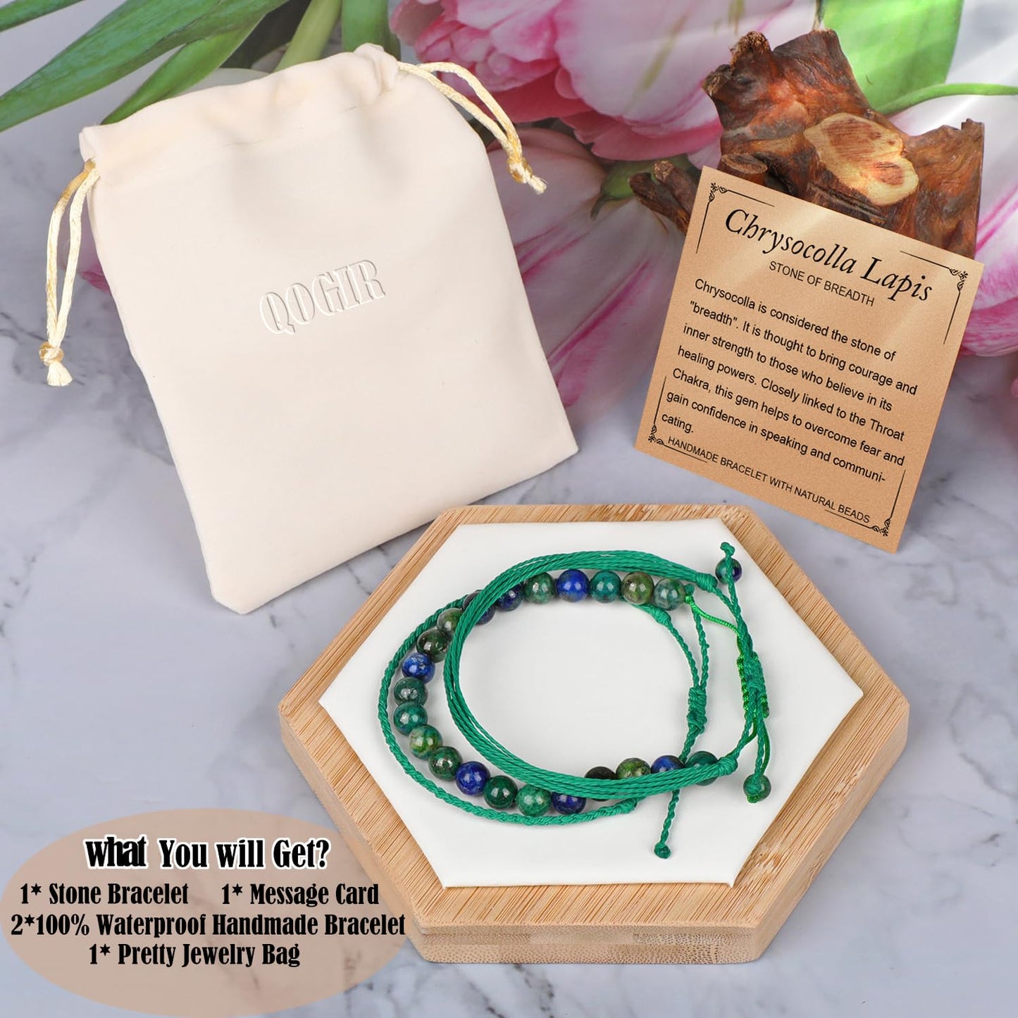 QOGIR Handmade Healing Stones Bracelets,8mm Natural Chrysocolla Lapis Beaded Bracelets for Men Women Gifts with 2PCS Size Adjustable Rope Bracelets