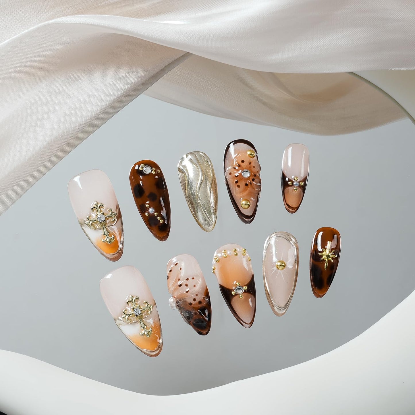 Tesytto Gothic 3D Floral Press on Nails Medium Almond - Gold Cross & Rhinestone Design, Handmade Pearl Luxury Dark Romantic Reusable Nails (Orange Diamond Sweet Luxury,L)