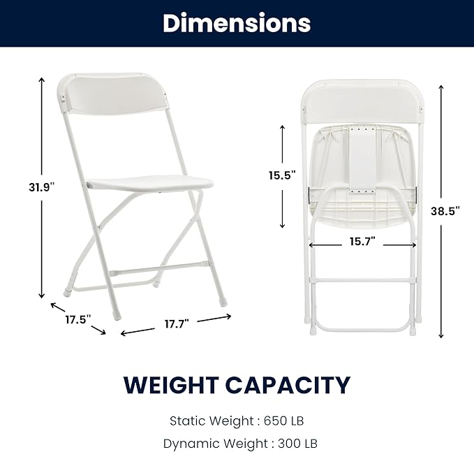 BTEXPERT Set of 10, White Plastic Folding Chairs Steel Frame Commercial 650LB High Weight Capacity Event Chair Lightweight for Office Wedding Party Picnic Kitchen Dining Church School - 10
