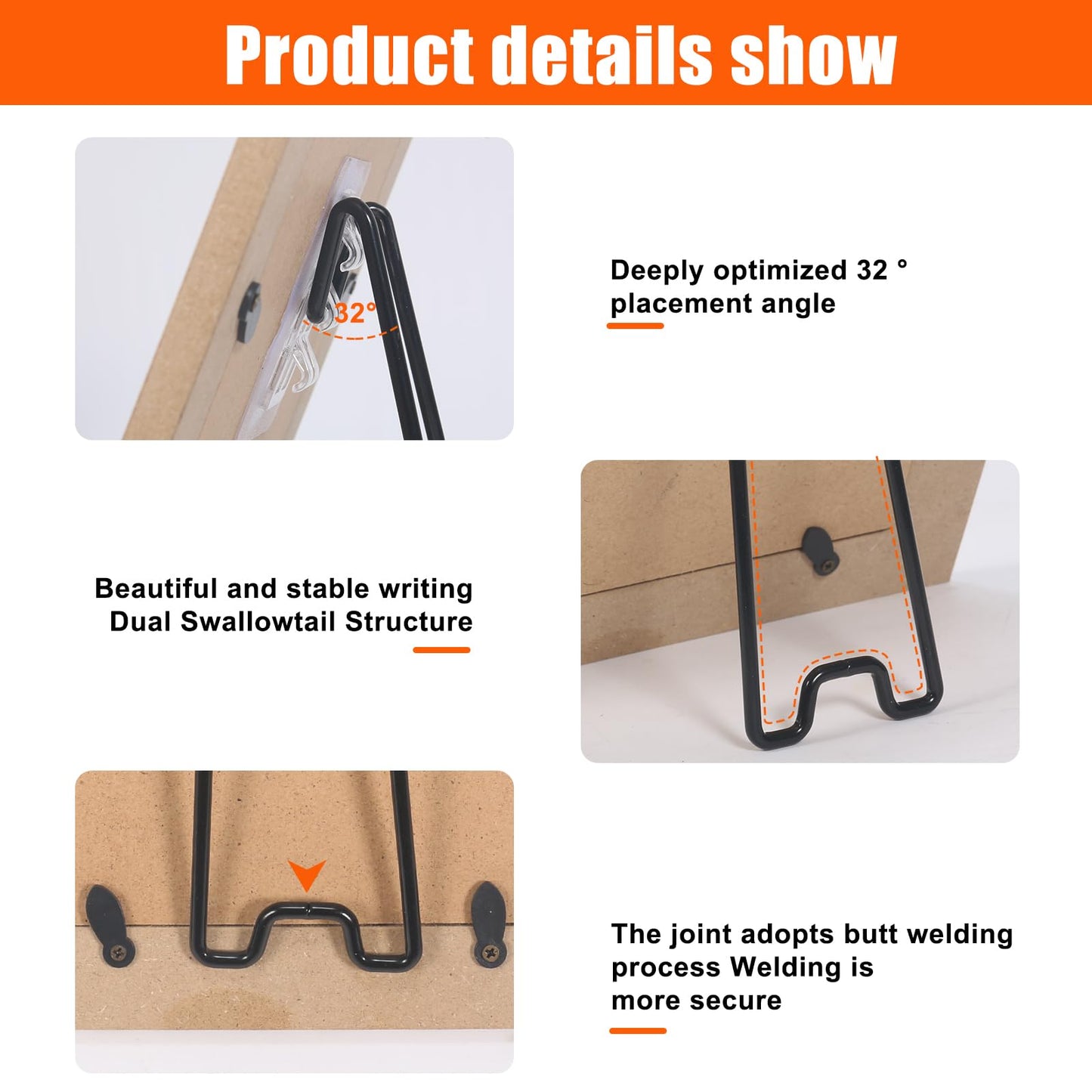 Nirxxiy 6 Pcs Picture Frame Stand, Table top easel, Stainless Steel Picture Holder Stand with Self-Adhesive for 8.6 to 14.1 inch Picture Frame Easel (Black, 7.08“ x 2.17”)
