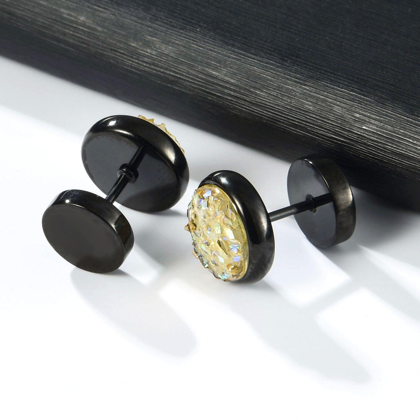 VOLUKA Crystal Stone Stud Earrings Flat Back Non-Nickel Titanium Stainless Steel Hypoallergenic Cartilage Earrings Stud for Sensitive Ears Women Men(Yellow-black)