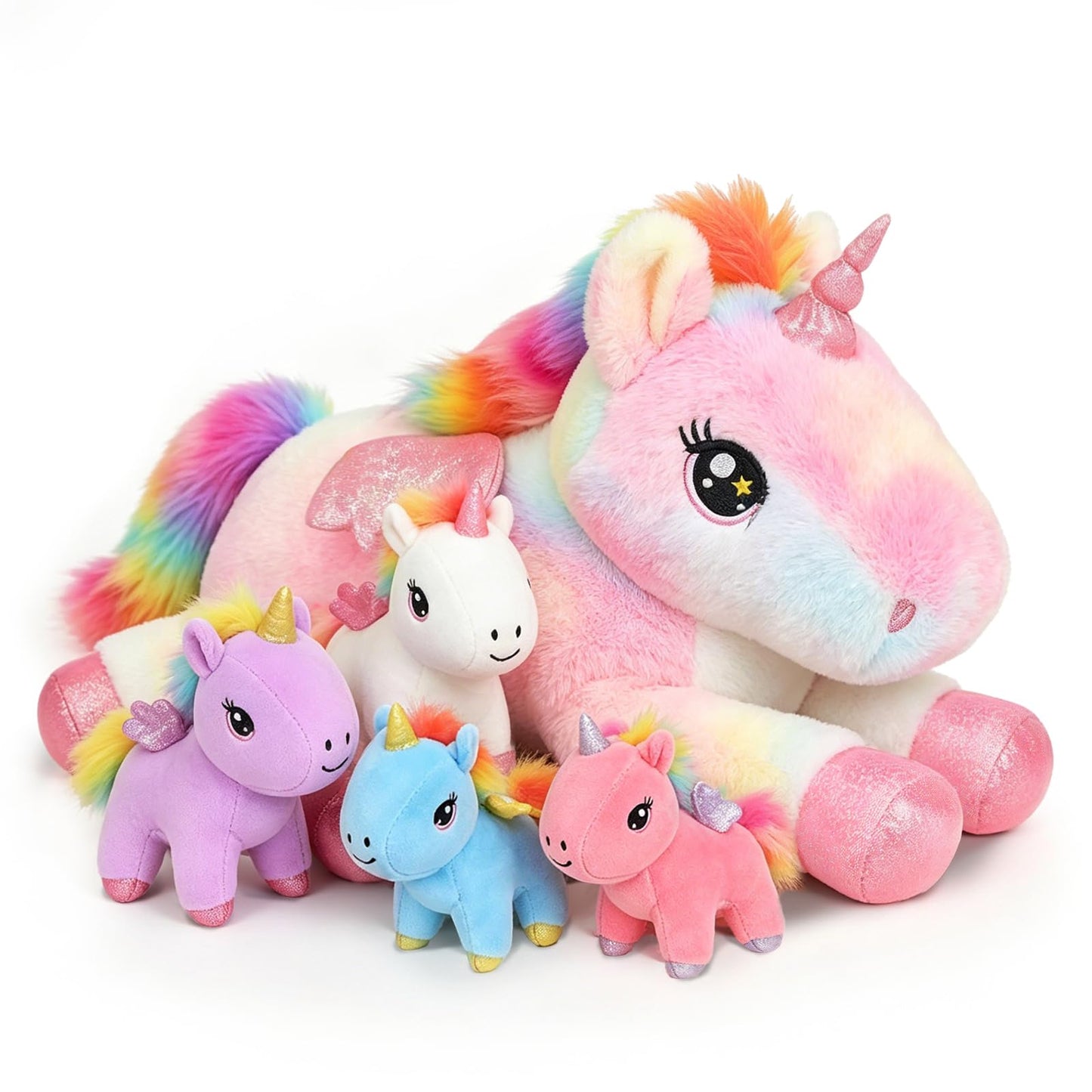 SQEQE Unicorn Mommy Stuffed Animal with 4 Baby Unicorns, Super Soft Cartoon Hugging Toy Gifts for Girls Boys Birthday