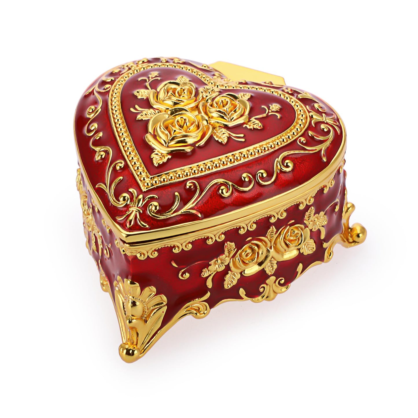 Hipiwe Heart Shape Jewelry Box Classic Metal Trinket Organizer Ring Storage Box with Rose Pattern Jewelry Storage Box for Ring Earrings Necklace, Gift for Women, Red