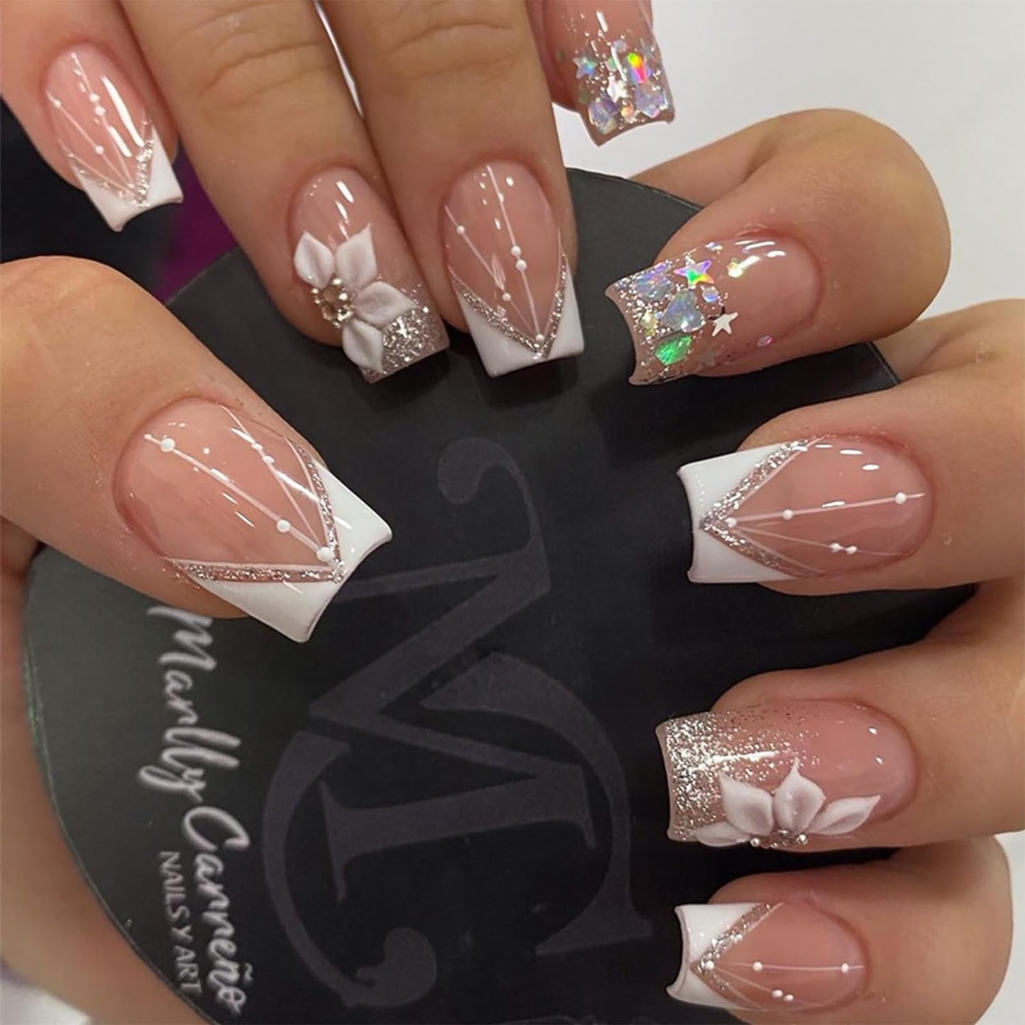Luxury Press on Nails Medium Square Handmade 3D Unique Reusable ABS Material Fake Nails White French Tip False Nails with Glitter Flower Designs Elegant Glossy Glue on Nail Thick Acrylic Nail(M)