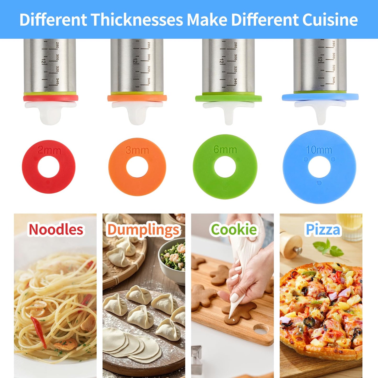 Adjustable Rolling Pin for Baking, with Thickness Rings Stainless Steel Dough Roller Pins for Pasta, Pizza, Pie Crust, Pastry and Cookie Making