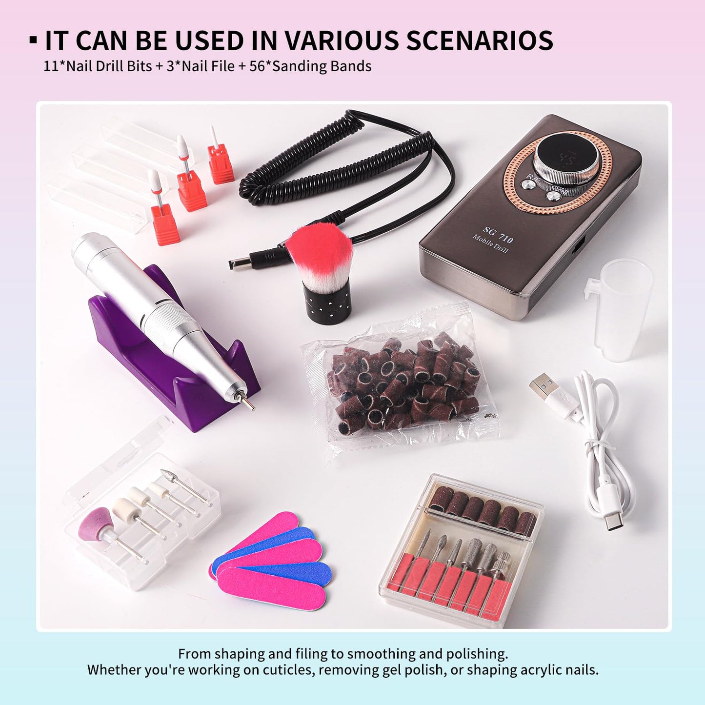 Electric Nail File for Acrylic Nail Kit 45000RPM Electric Black Nail Drill Professional Manicure Pedicure Set with Nail Drill Kit Bits Efile Cordless for Manicure