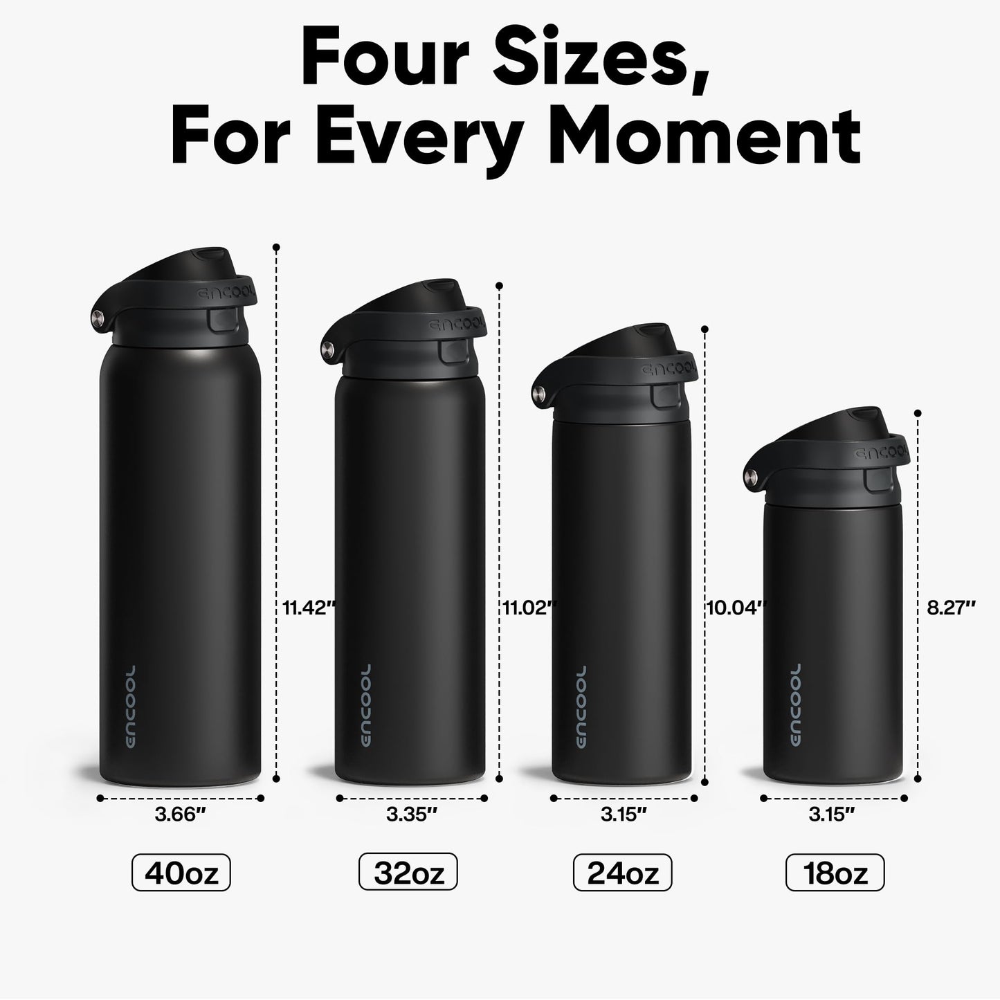 ENCOOL Leakproof Insulated Water Bottle with Straw Dual-Sip Water Bottle Bag-Safe Design for Work, Commute & Gym – Keeps Drinks Cold All Day, 24 oz, Jet Black