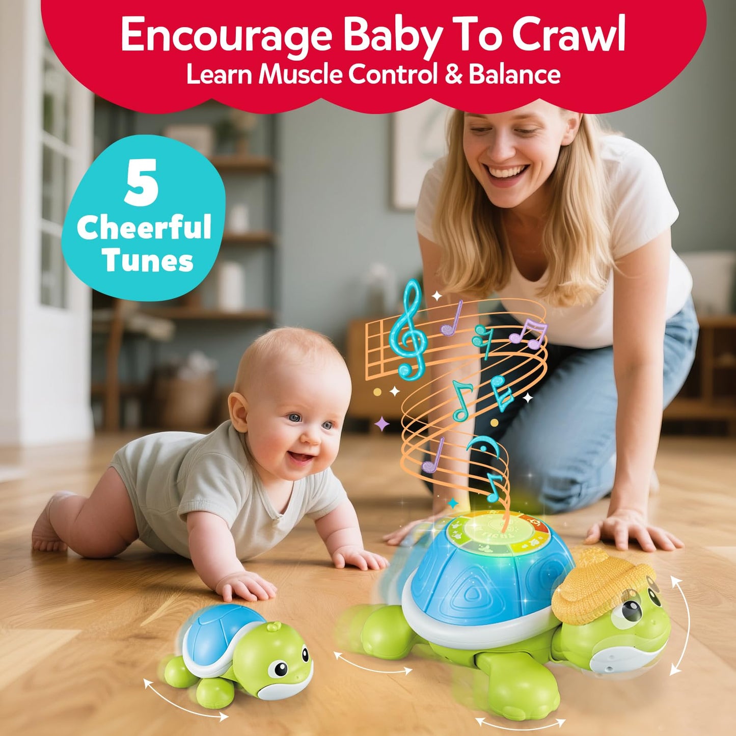 CuteZone Baby Toys 6-12 Months - Turtle Crawling & Musical Tummy Time Toy Set with Light & Sound, Moving Baby Activity for Crawling and Tummy Time, Interactive Gift for Babies