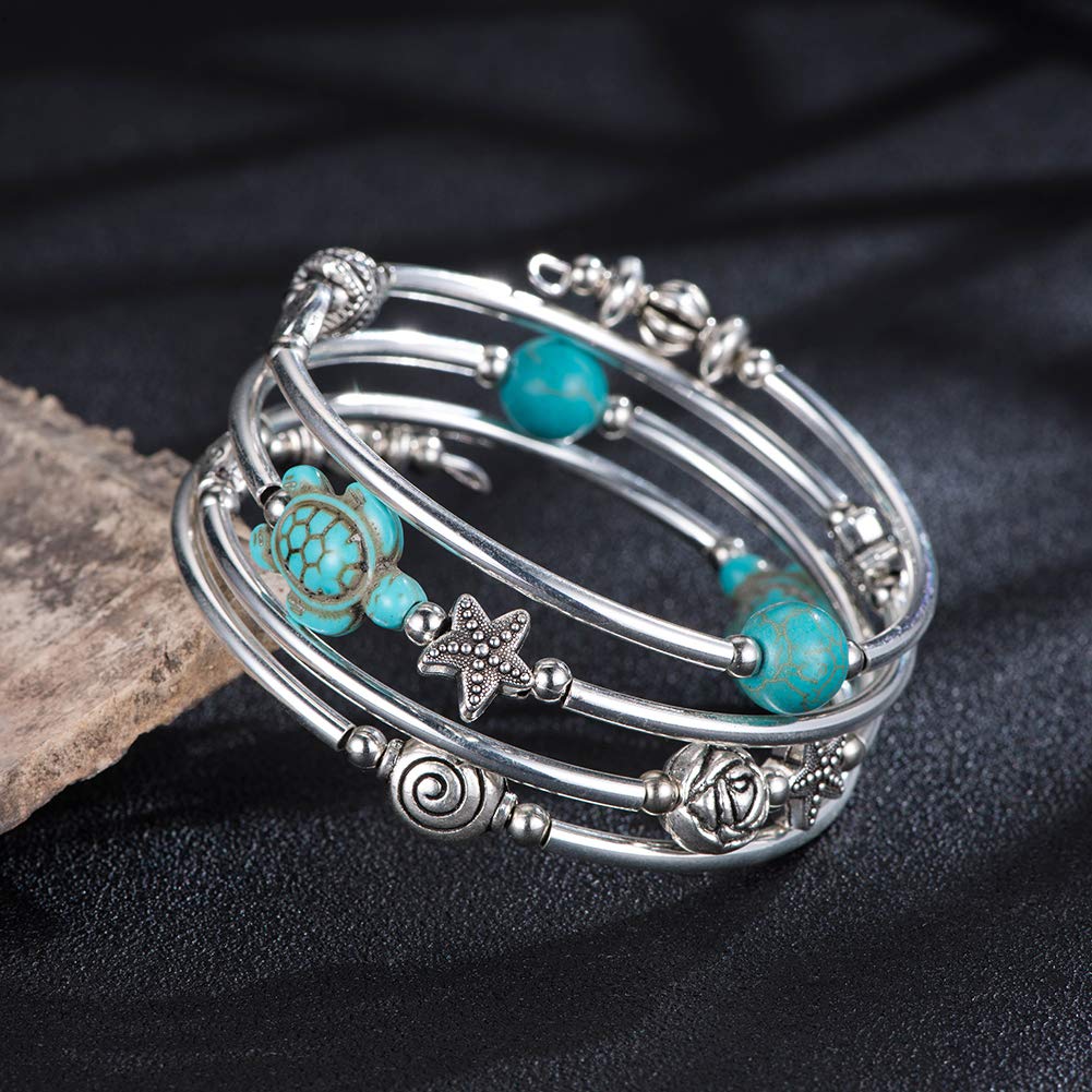 BULINLIN Layered Wrap Bangle Turquoise Bracelet - Bead Bracelet with Natural Agate Stone, Gifts For Women (18-Turquoise blue Turtle Bracelet)