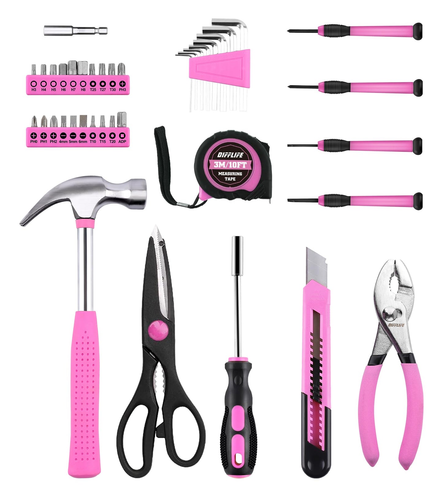 DIFFLIFE Tool Set Pink-40 Piece - General Household Hand Tool Kit with Plastic Toolbox Storage Case(Pink)