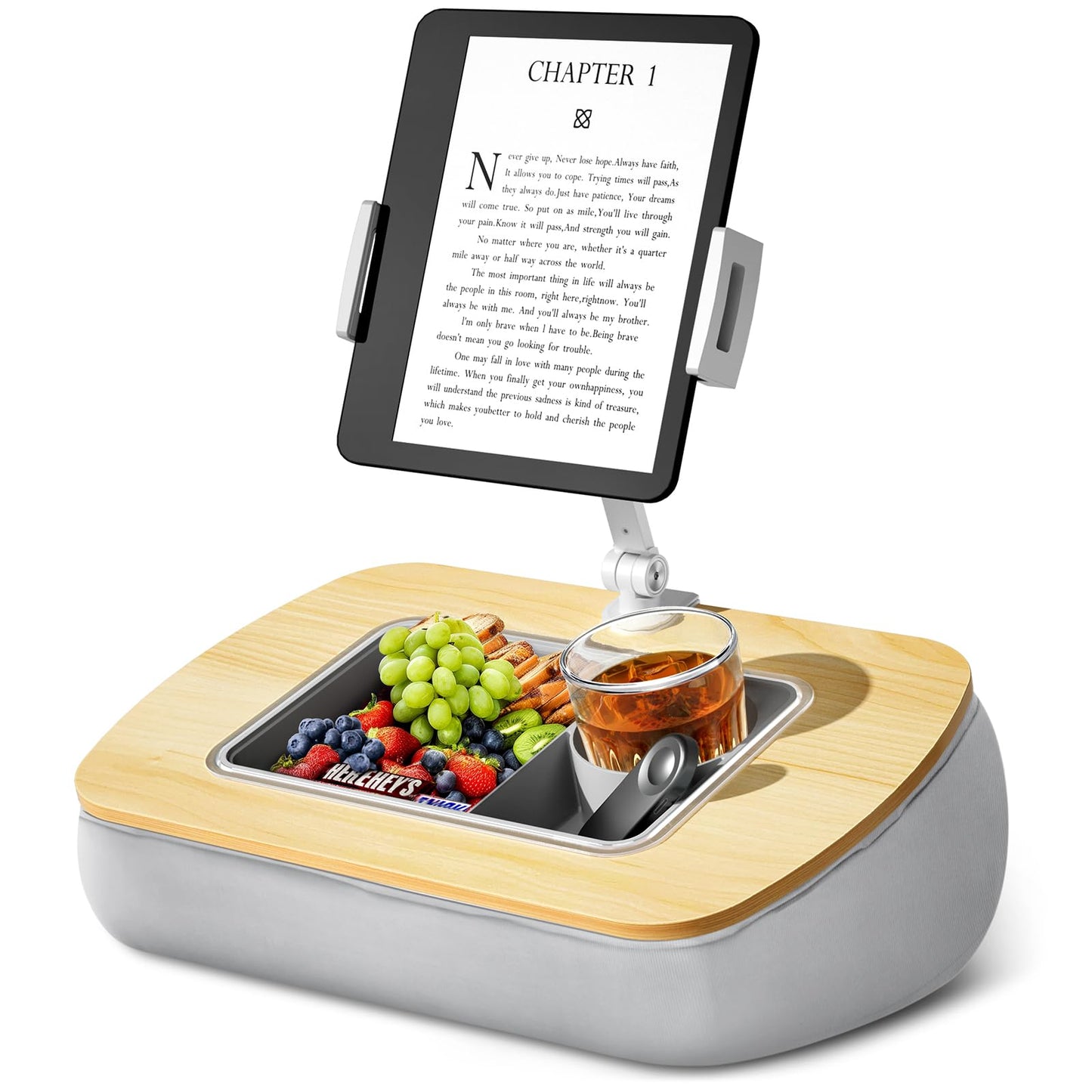 ERGONOV Tablet Stand Pillow with Snack Bowl, iPad Lap Holder for Hands-Free Reading and Relaxation on Bed,Couch,Recliner, 360° Rotating Clip for 4.7-13" Kindle,eBook,Tablet,iPhone (Birch Gray)