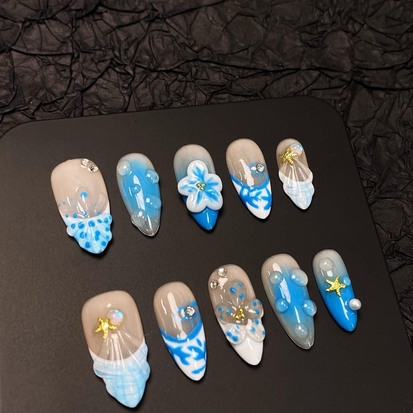 Handmade Press on Nails for Women - Medium Almond 3D Thick Acrylic Reusable Fake Nails with Designs Summer Floral Boho Funky Tropical Cute Nail-art Set 10pcs,blue-floral,S