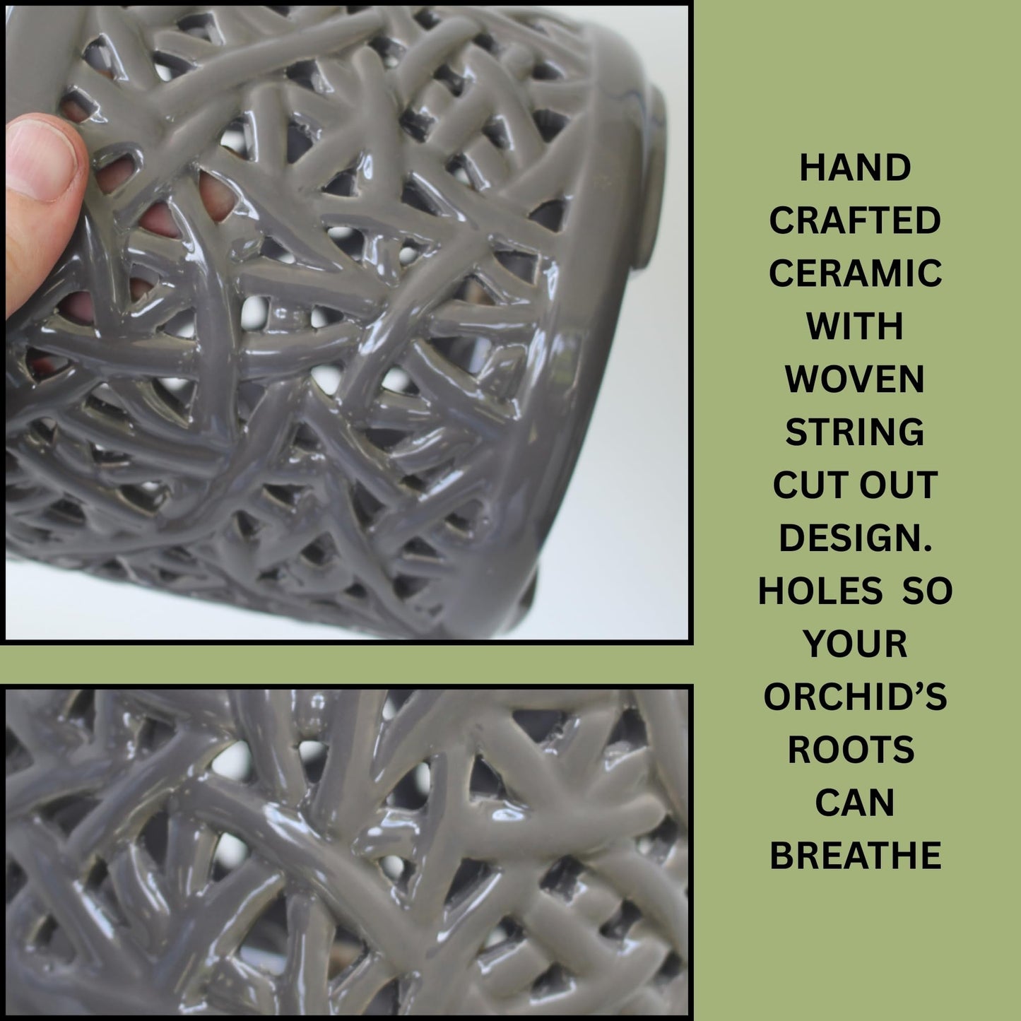 DESQUIGGLE Gray Large Ceramic Orchid Pot with Holes, 6 Inches Wide, for Indoors or Outdoors with Woven String Cut Out Design, Orchid Planters, Orchid Gifts