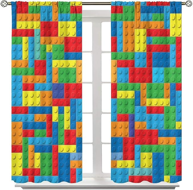 Colorful Building Block Toy Printed Curtains, Building Blocks, Curtains, Fun Brick 3D Design, Kids, Teens, Girls, Boys, Living Room, Bedroom, Window Treatment Panels, 2 Panels 63x63in