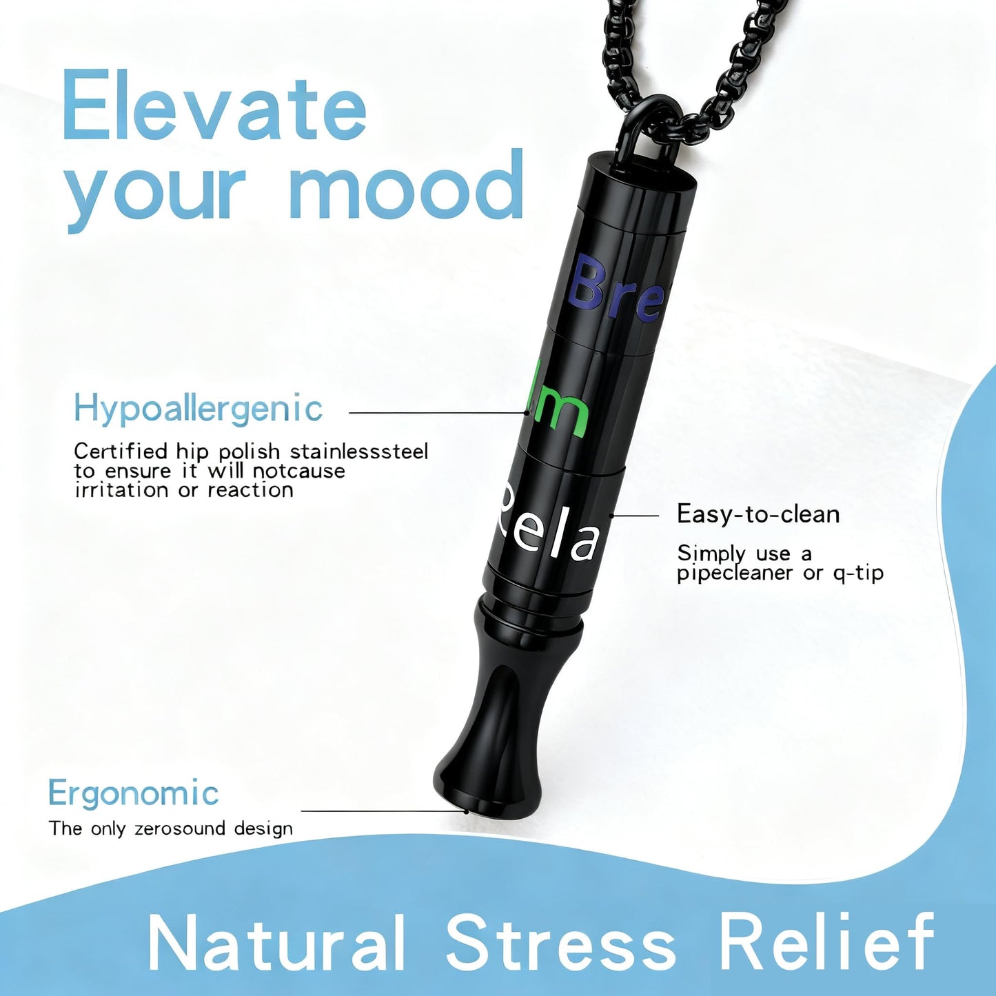 Fidget Necklace with Spinning Calm, Breathe, Relax Charms - Sensory Anxiety Relief & Deep Breathing Aid Stainless Steel Necklaces for Women Men (Black)