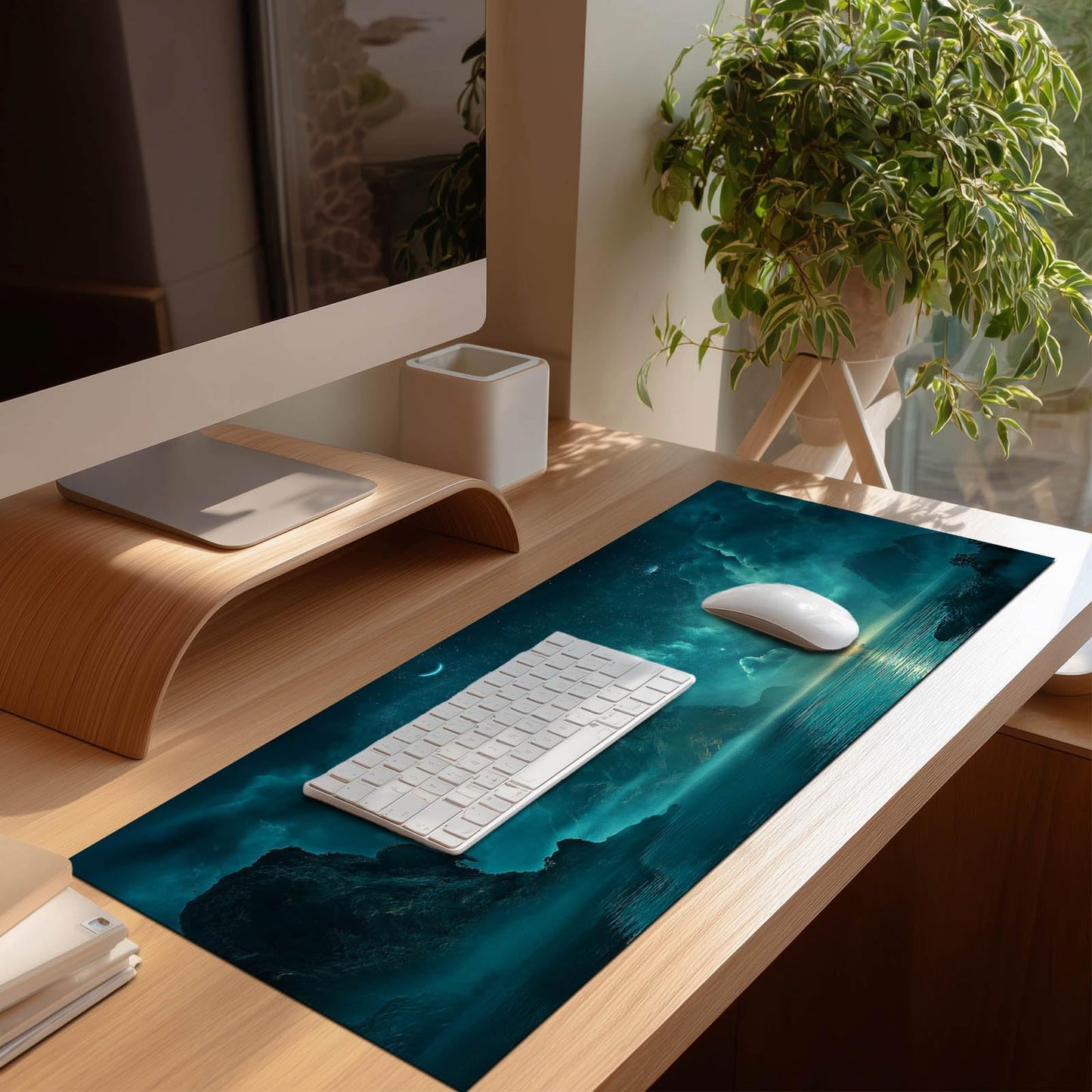 HOMETITUTE Large Mouse Pad 31.5x11.8 Inch Gaming Mousepad Teal Moon Night Seascape Art Non-Slip Keyboard Desktop Protector Mat XL Mouse Pad for Home Office Laptop Wireless Mice Accessories