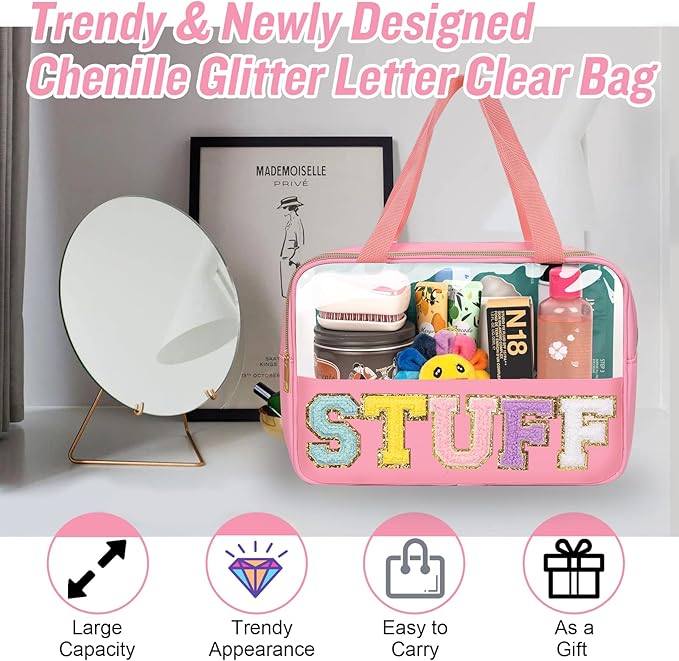 Preppy Clear Stuff Makeup Bags with Chenille Letter Patches, Travel Essentials Large Clear Make up Bag Zipper Pouch with Handle, Waterproof Nylon Cosmetic Toiletry Storage Tote for Women (STUFF-Pink)