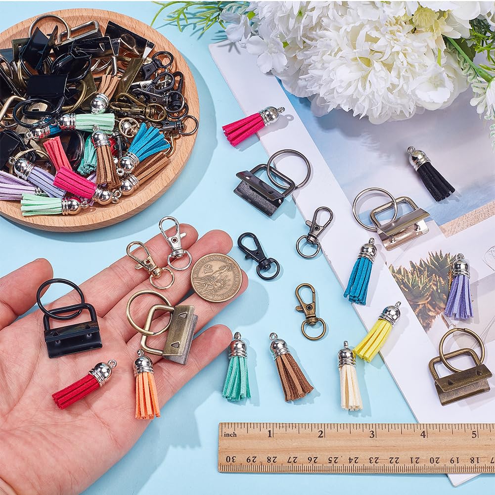 SOFPLATE 75Pcs 6 Colors 1 Inch Key Fob Hardware Kit Lanyard Hardware Set with Keyrings 25 Tassel Charms 25 Swivel Snap Hooks Wristlet Keychain Kit for Key Chain Making DIY Crafts Accessories Supplies