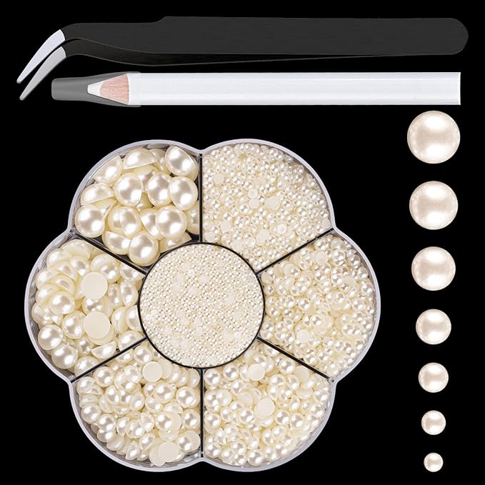 Nail Art Flat Back Half Round Pearl Kits 8, 1 Box of 2400 Pcs Flat-Back Beige Pearl with Tweezer and Picker Pencil for Home DIY Nails Body Face Craft and Salon Use