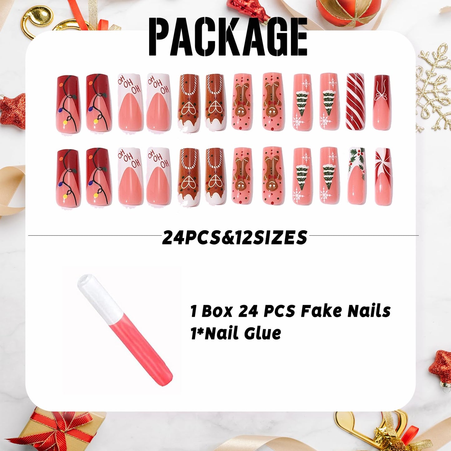 IMSOHOT Christmas Press on Nails Long Square Fake Nails Xmas Red False Nails Full Cover Acrylic Winter Cute Stick on Nails for Women 24Pcs