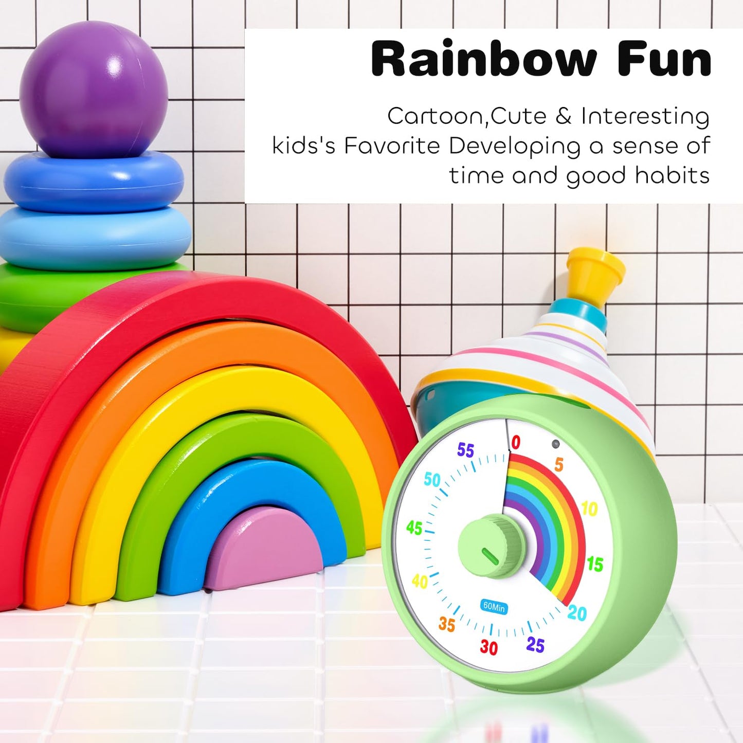 Visual Timer for Kids, 60-Minute Countdown Timer for Classroom Office Kitchen, Desk Timer Kids Time Management Tools with Silent Operation, Pomodoro Time Rainbow Pattern (Green)